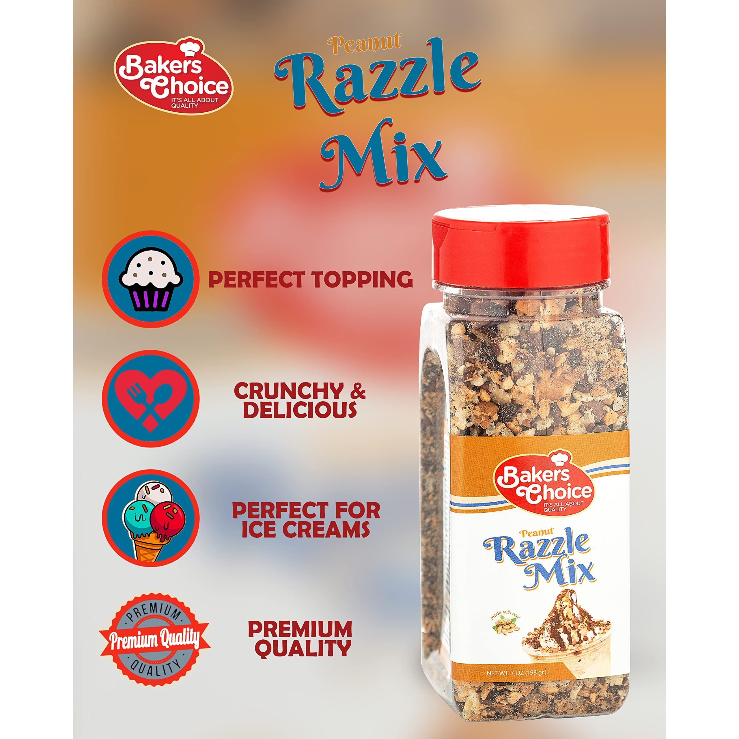 Peanut Razzle Crunch Topping - Chocolate, Caramel, Butterscotch And Peanut Mix - Sprinkles For Ice Cream Sundae Toppings - 7 Oz. - Dairy Free, Kosher - Bakers Choice