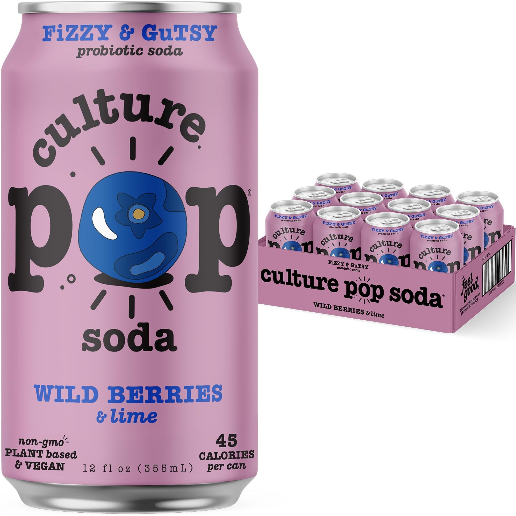 Culture Pop Soda Sparkling Probiotic Drink, Vegan Soda For Gut Health, Non-Gmo, Gf, No Added Sugar, 12 Pack, 12 Fl Oz Cans, Wild Berries