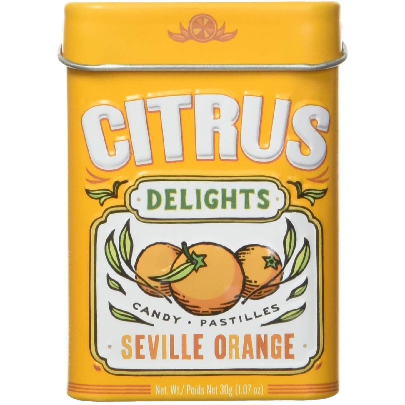 Citrus Delights Seville Orange Candy | Natural Ingredients, No Artificial Colors Or Flavors | Kosher Certified, Vegan, Gluten Free | Aspartame & Xylitol Free | 30 Count Tin (Pack Of 12)