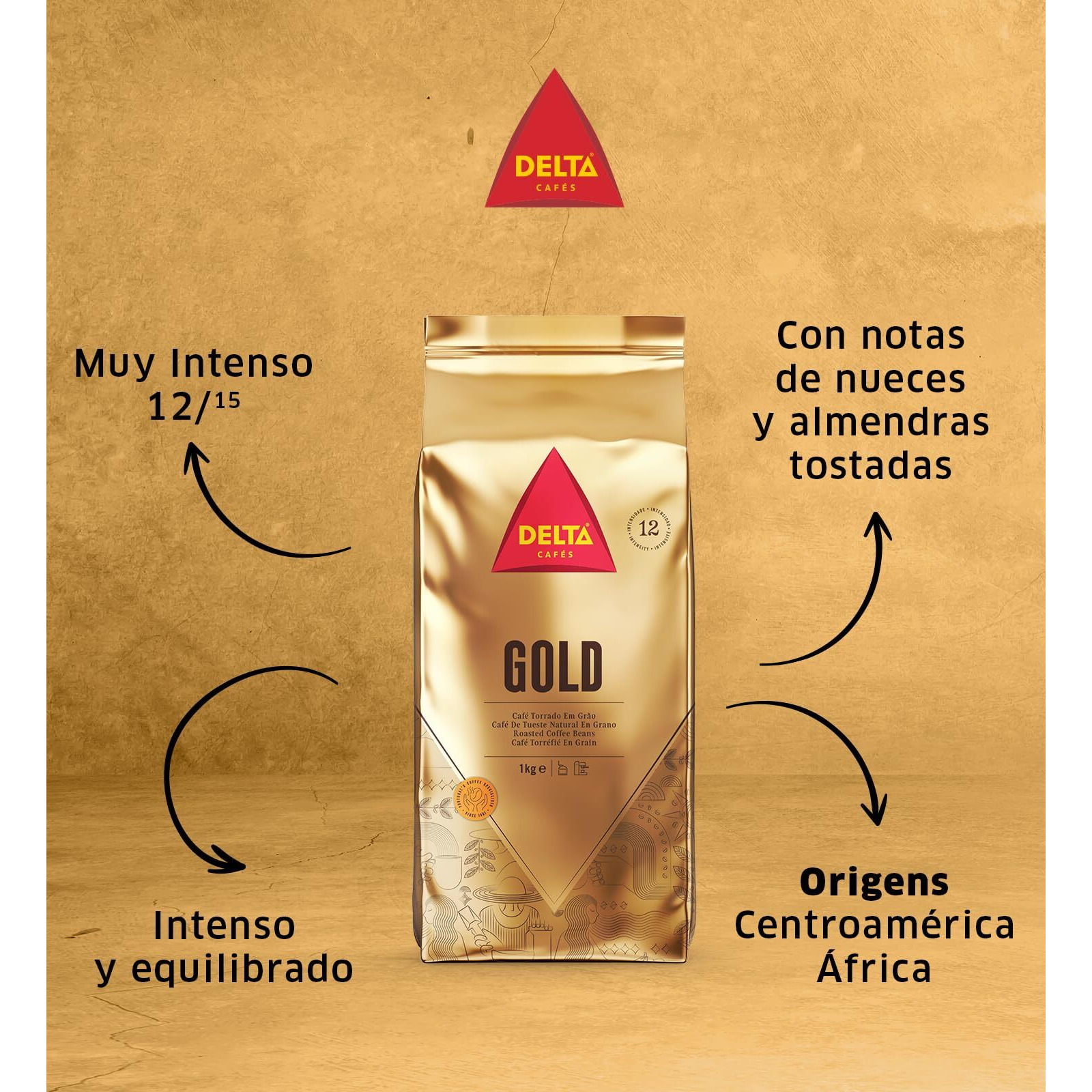 Delta Caf  S Gold Whole Bean Coffee, Naturally Roasted Espresso Beans, 1 Bag, 2.2Lb