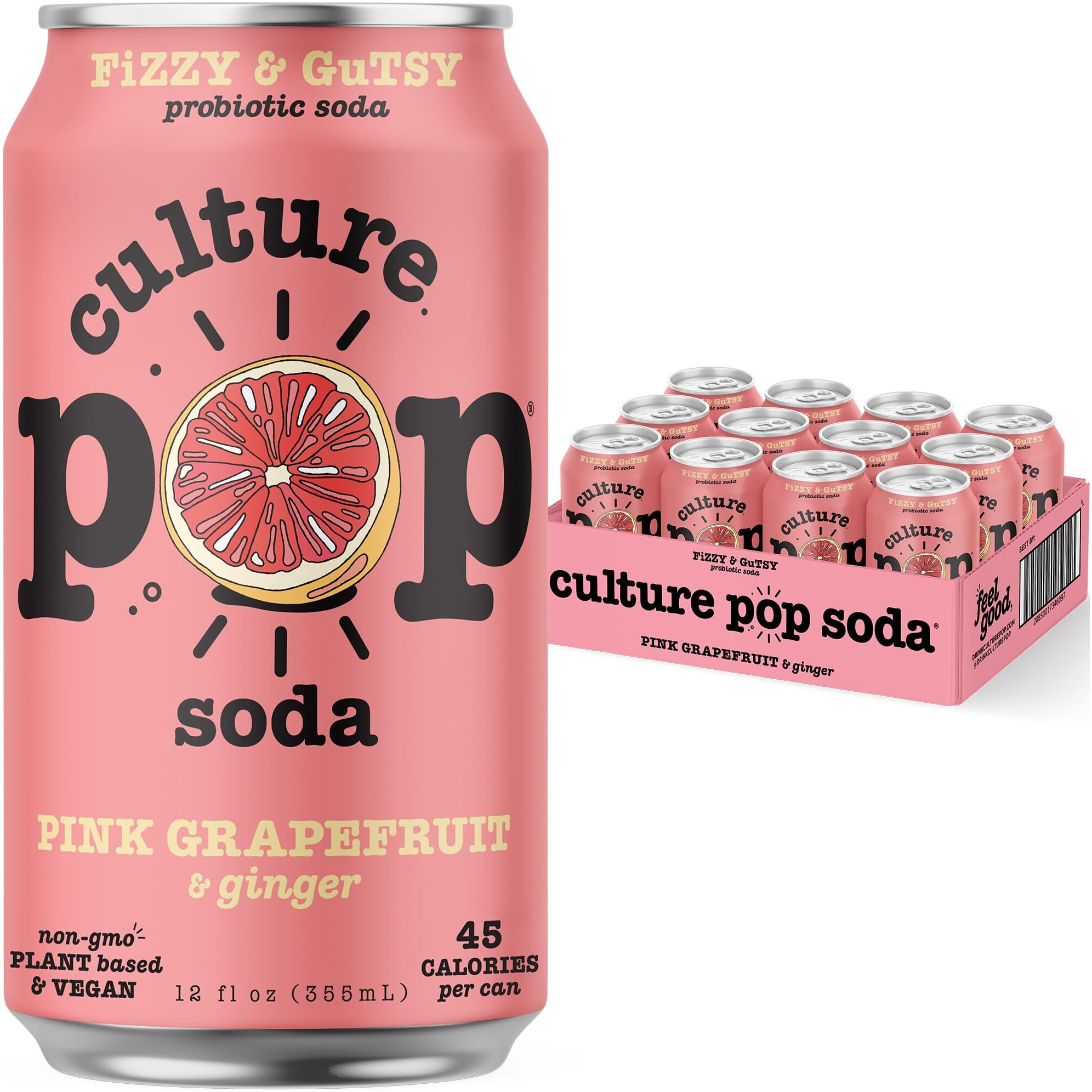 Culture Pop Soda Sparkling Probiotic Drink, Vegan Soda For Gut Health, Non-Gmo, Gf, No Added Sugar, 12 Pack, 12 Fl Oz Cans, Pink Grapefruit