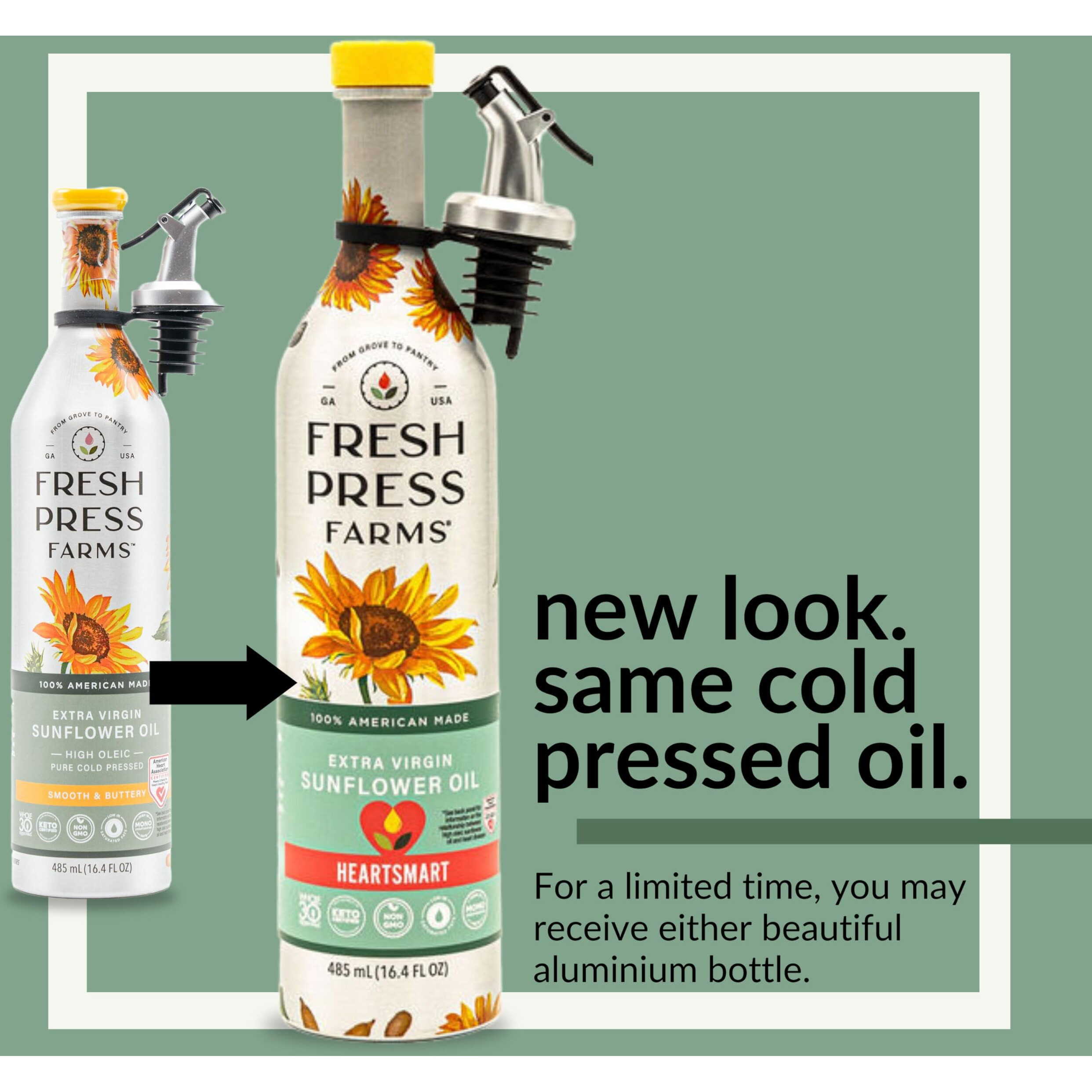 Fresh Press Farms Cold Pressed Extra Virgin Sunflower Oil, 16.4 Fl Oz (Pack Of 2), High Oleic, Georgia Grown, 100% American Made, Unrefined, Certified Whole30, Non-Gmo, Keto, Paleo, Gluten Free, Packaging May Vary