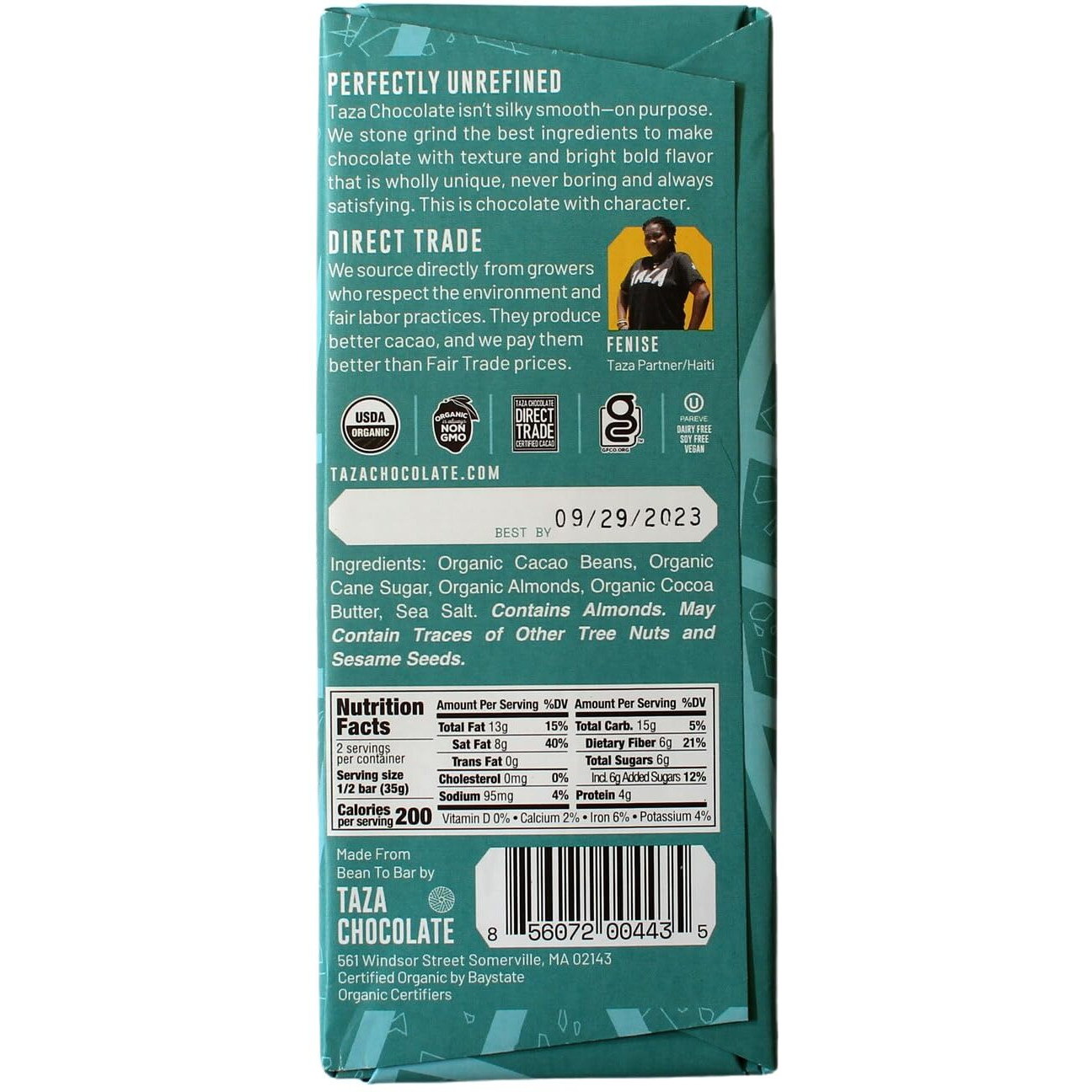 Taza Chocolate Organic Amaze Bar 80% Stone Ground, Sea Salt Almond, 2.5 Ounce (6 Count), Vegan