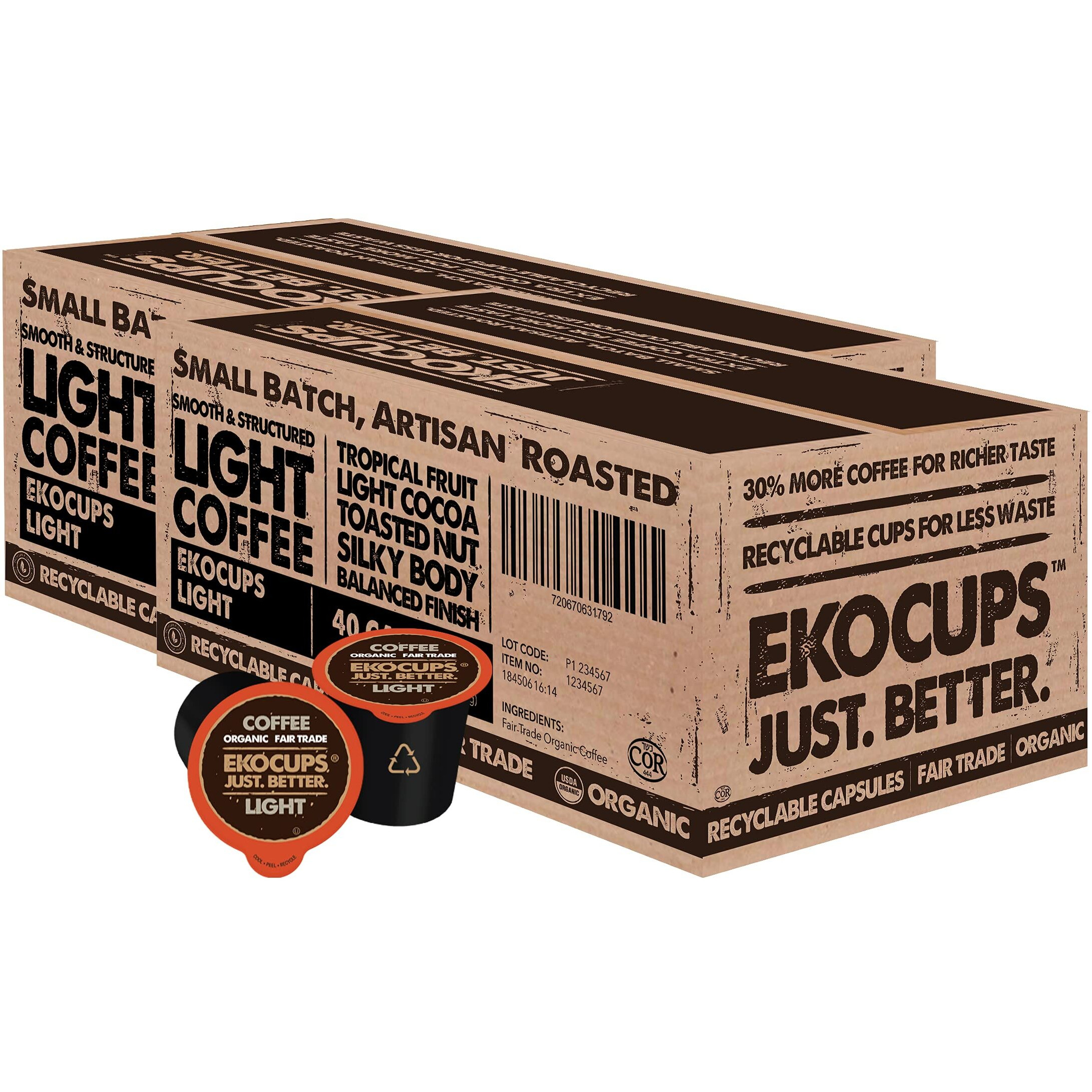 Ekocups Organic Light Roast Coffee Pods, Extra 30% More Coffee Per Cup, Artisan Fair Trade Gourmet Coffee Pods, Light Roast Coffee For Keurig K Cup Machines, Recyclable Pods, 80 Count