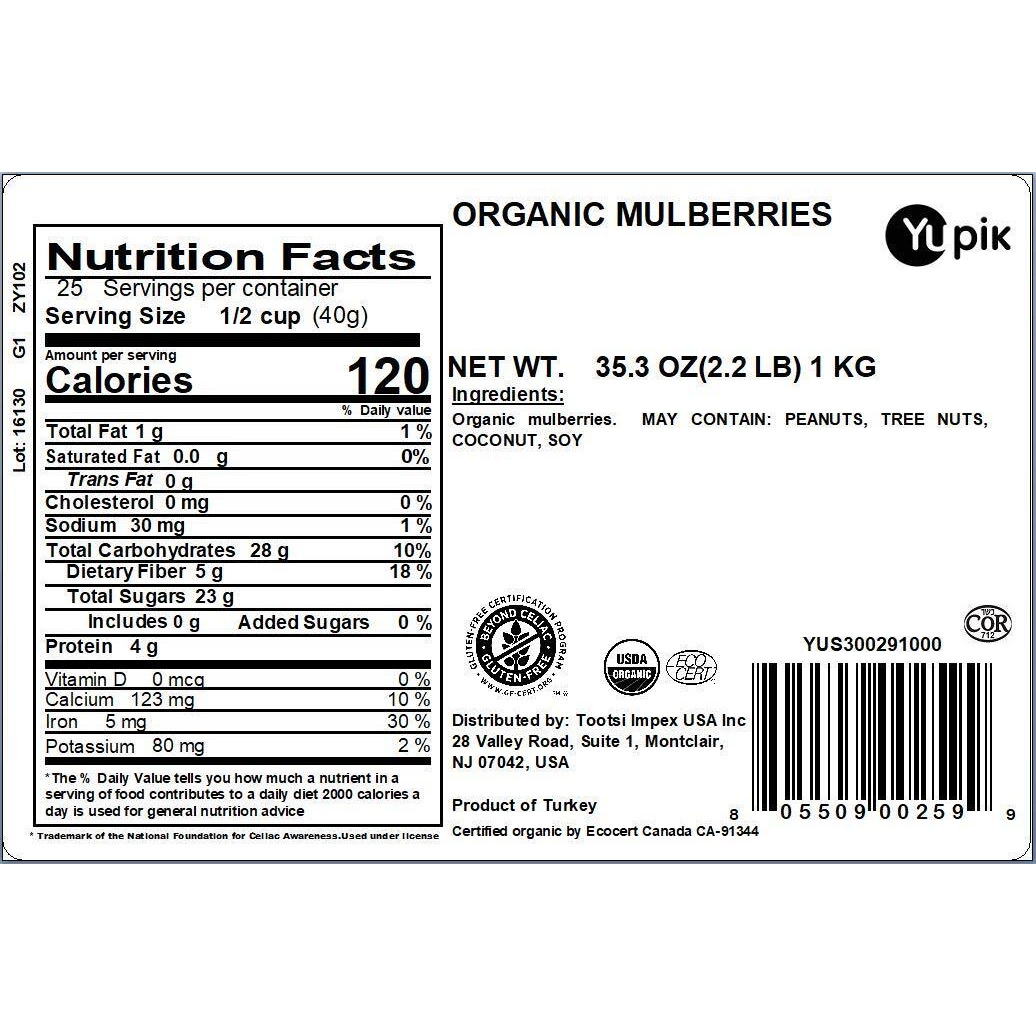 Yupik Organic Dried Mulberries, 2.2 Lb, Dried Fruit, Non-Gmo, Vegan, Gluten-Free, No Added Sugar, Oil-Free, Healthy Snacks, Ideal For Baking & Topping