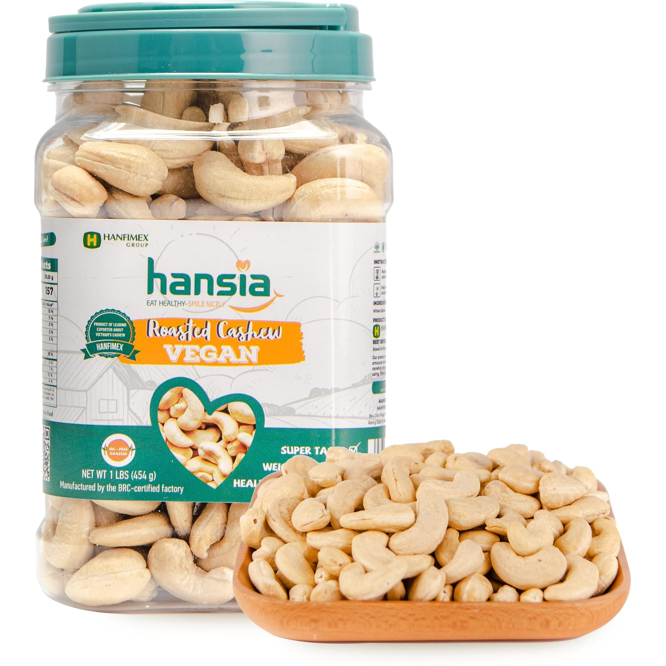 Hansia Roasted Cashew Vegan, Dry Roasted Unsalted Superfood, Fresh, Healthy, Low Sodium Snacks, Rich Of Protein & Natural Fiber, Protein, Vitamin And Iron (Roasted Cashew, 1 Pound (Pack Of 1))
