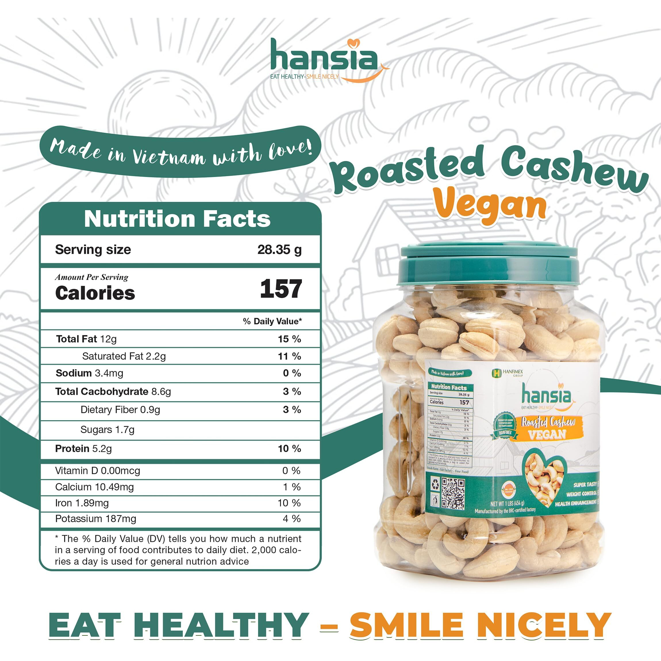 Hansia Roasted Cashew Vegan, Dry Roasted Unsalted Superfood, Fresh, Healthy, Low Sodium Snacks, Rich Of Protein & Natural Fiber, Protein, Vitamin And Iron (Roasted Cashew, 1 Pound (Pack Of 1))
