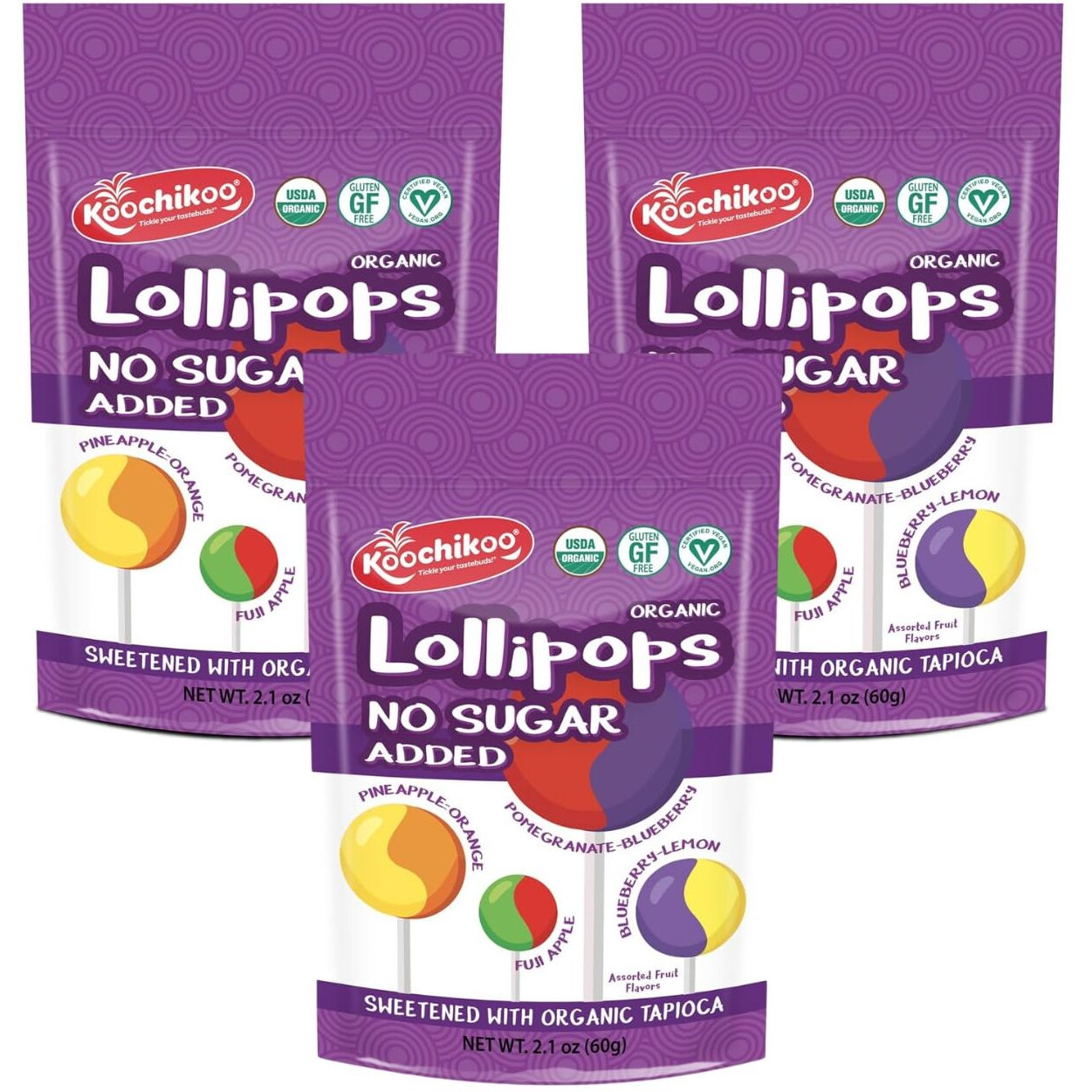 Koochikoo Organic & Sugar Free Lollipops Pouch, Assorted Fruit Flavors, No Sugar Added, Gluten Free & Vegan (10 Count (Pack Of 3))
