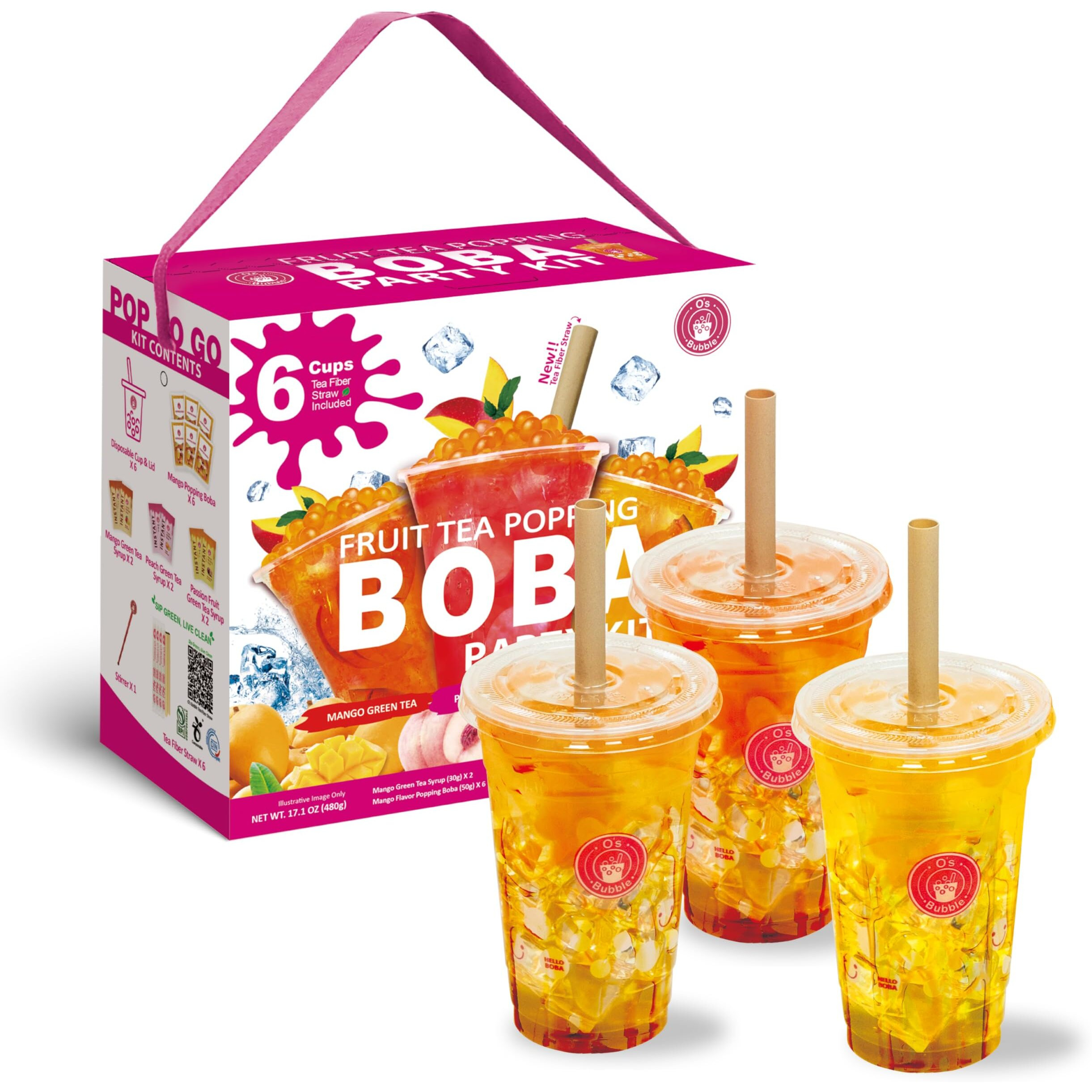 O's Bubble Boba Tea Kit - 6 Servings Bubble Tea Kit - Popping Boba Party Kit - 3 Flavors Popping Boba Kit