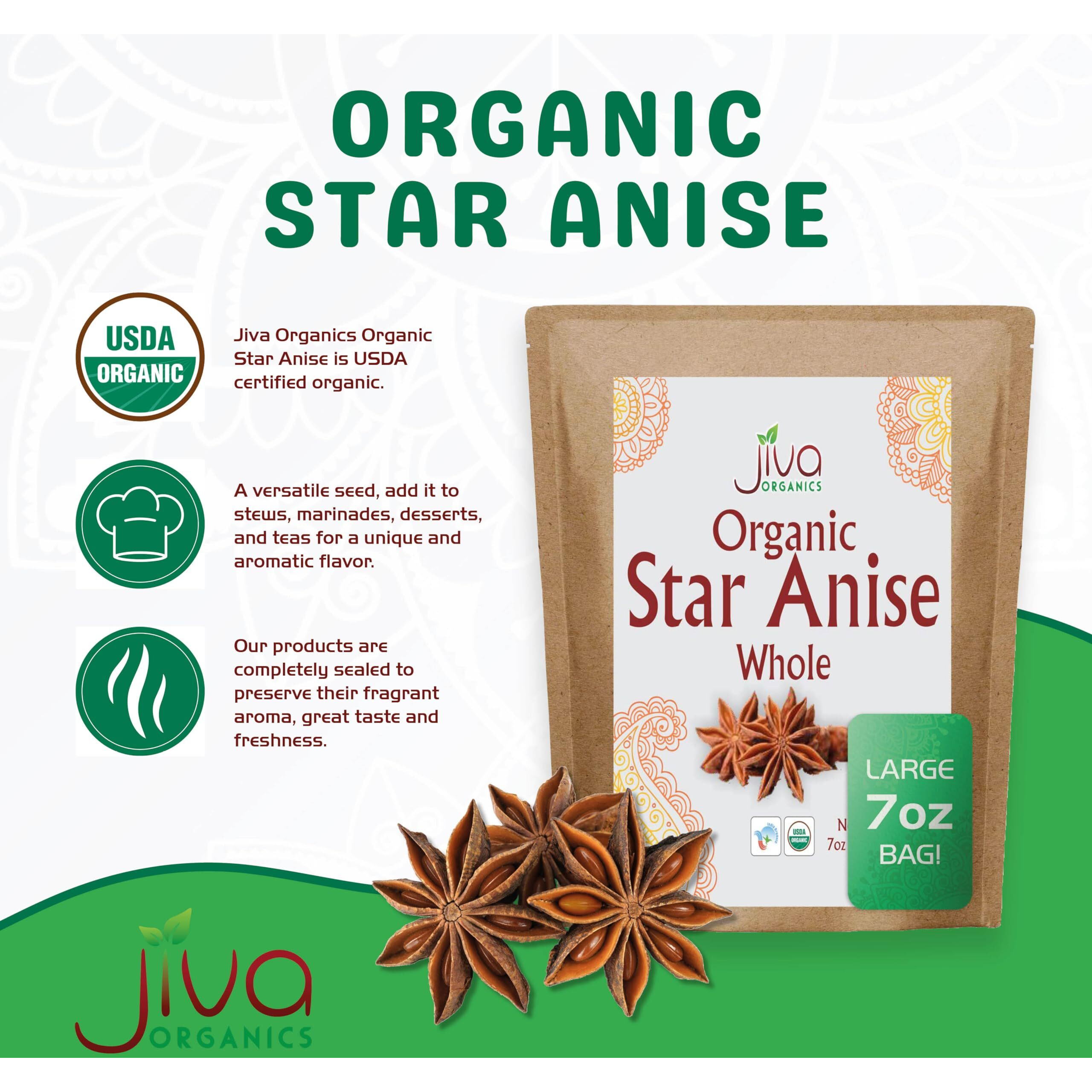Jiva Organic Whole Star Anise 7 Oz Jumbo Bag - Non-Gmo, Non Irradiated, Pure Spice From India, Staranise
