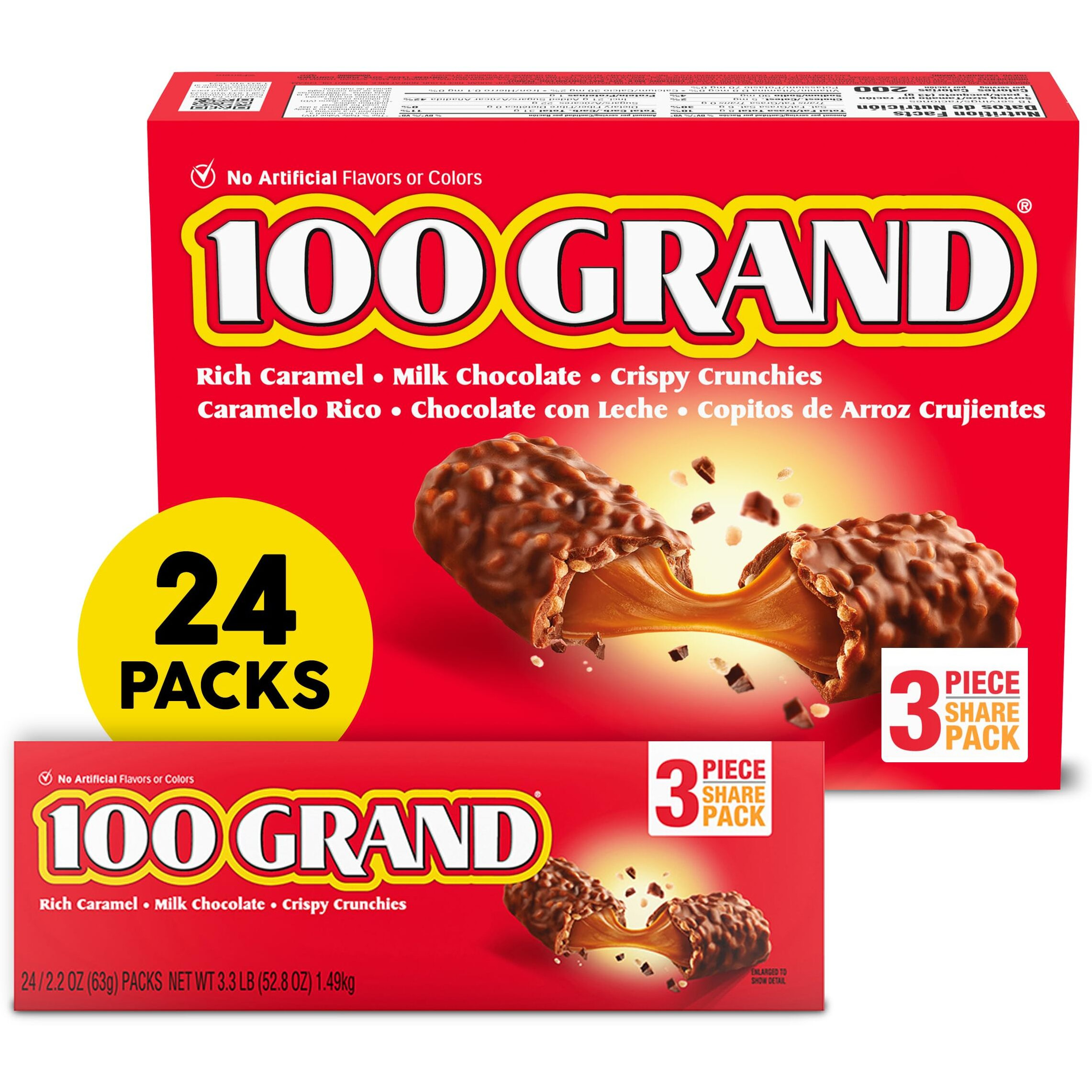 100 Grand Crispy Milk Chocolate With Caramel, Share Size Individually Wrapped Candy Bars, 2.2 Oz Each, Bulk 24 Count Box