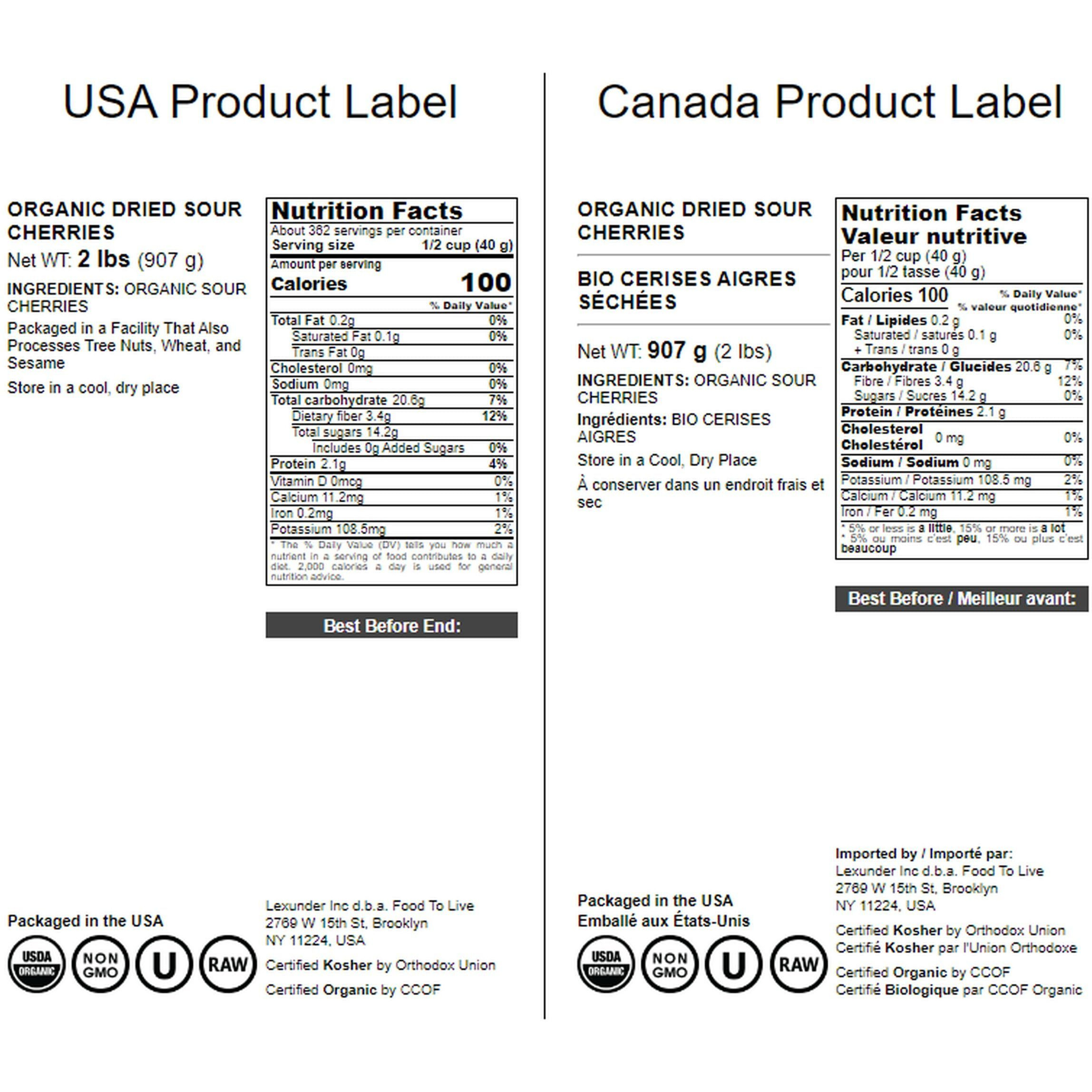 Food To Live Organic Dried Sour Cherries, 2 Pounds - Pitted Cherry Fruit, Non-Gmo, Raw, Sun-Dried, Unsweetened, Unsulfured, No Oil Added, Vegan, Kosher, Bulk. Prunus Cerasus.