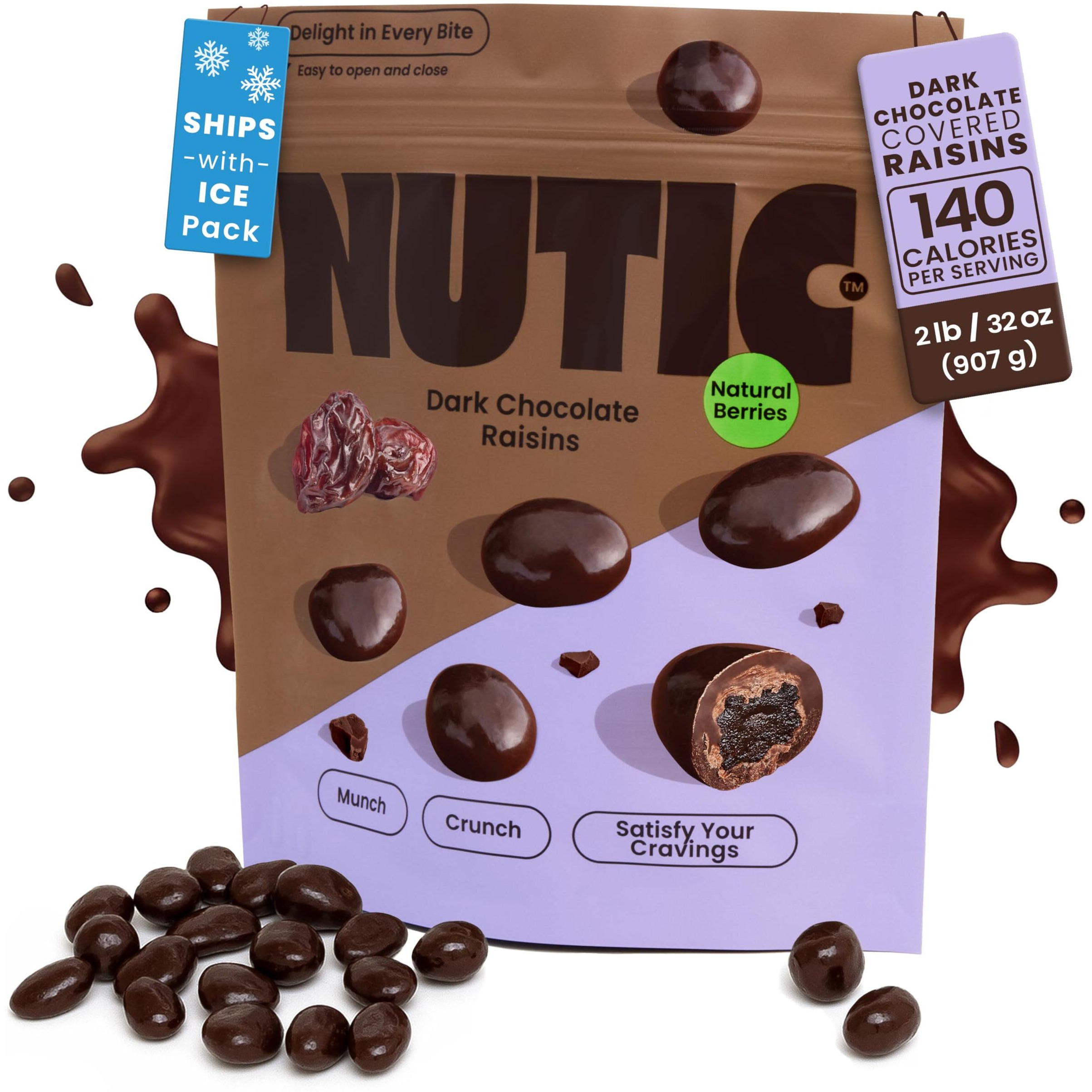 Nutic Gourmet Chocolate Covered Raisins - Dark Chocolate, Bulk Bag Of Candy Snacks, Perfect For Movies, Bites Of Raisins & Chocolate Candies - 2 Lb