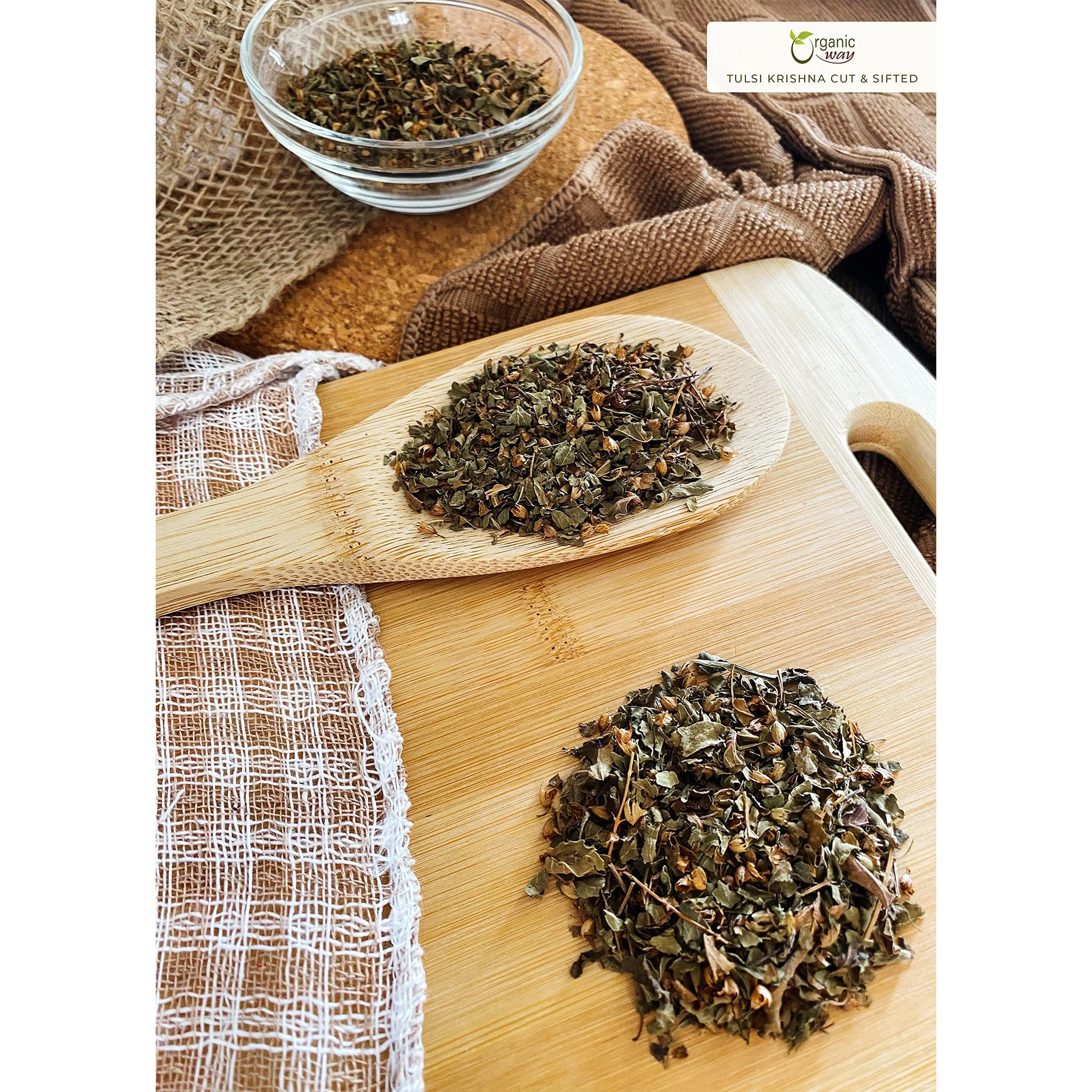 Organic Way Tulsi/Holy Basil (Krishna) Cut & Sifted (Ocimum Tenuiflorum) - Herbal Tea | Organic & Kosher Certified | Raw, Vegan, Non Gmo & Gluten Free | Usda Certified | Origin - India (1Lbs / 16Oz)