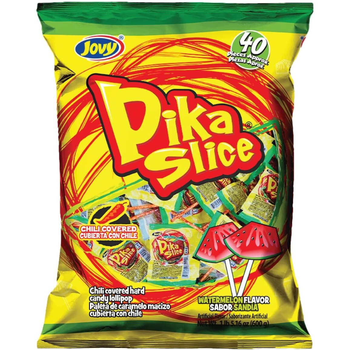 Jovy Pika Slice Watermelon Chili Lollipops - Unique Sweet And Spicy Treats, 40 Pieces
