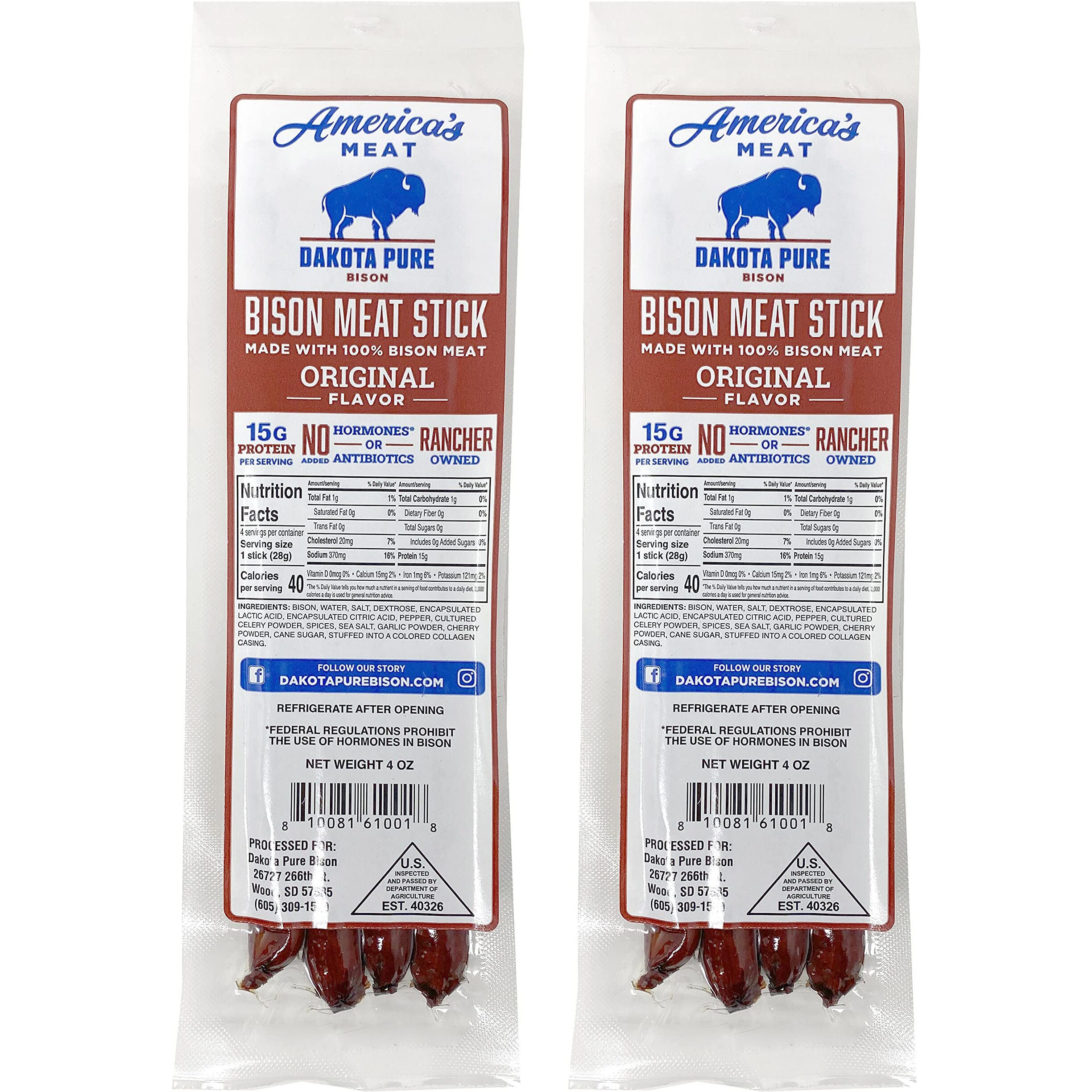 Dakota Pure Bison Meat Stick Pack Of 2 (8 Meat Sticks) Original Bison Jerky Sticks - Hormone And Antibiotic Free, 2 Pack