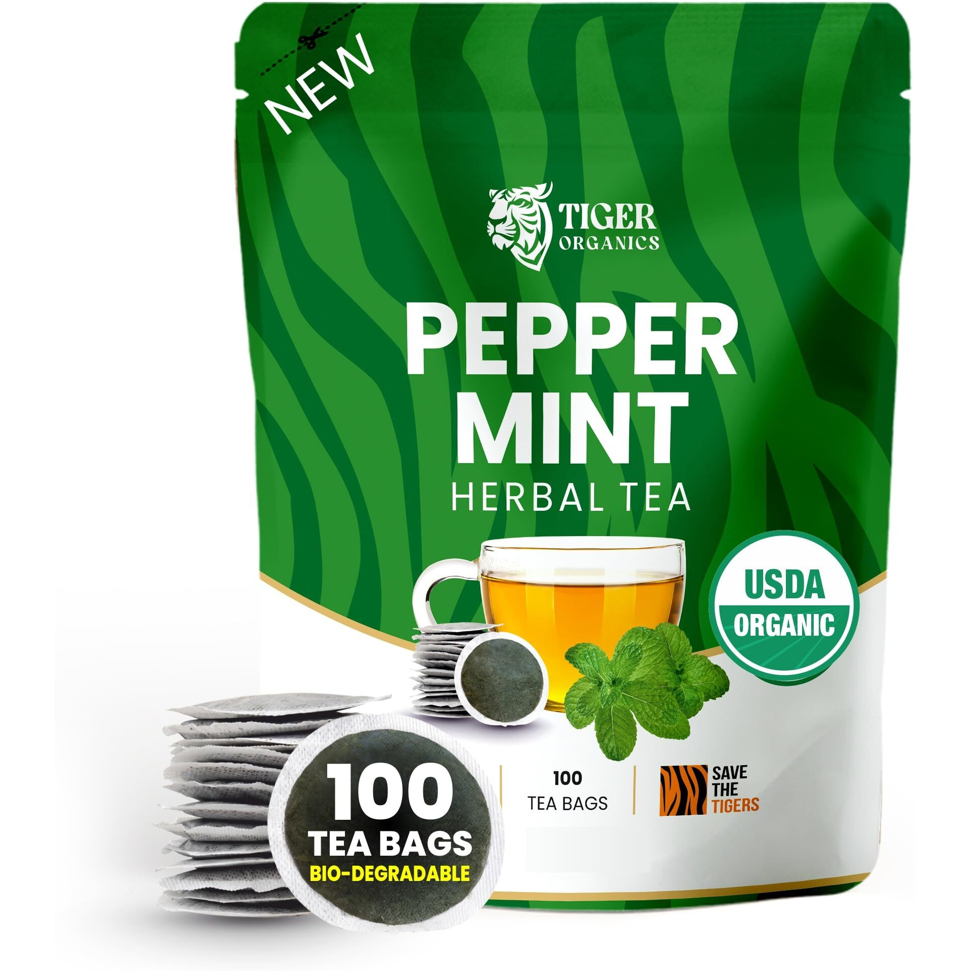 Tiger Organics, Peppermint Herbal Tea (100 Biodegradable Teabags) Supports Healthy Digestion & Promotes Relaxation | Your All-Time Caffeine-Free Infusion | Usda Organic Certified