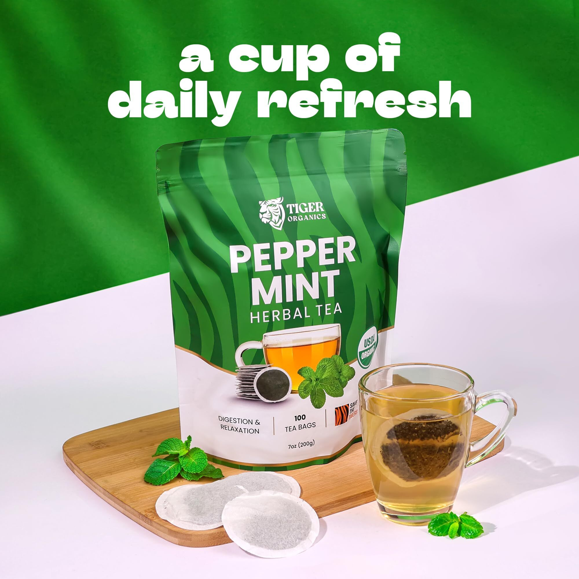 Tiger Organics, Peppermint Herbal Tea (100 Biodegradable Teabags) Supports Healthy Digestion & Promotes Relaxation | Your All-Time Caffeine-Free Infusion | Usda Organic Certified