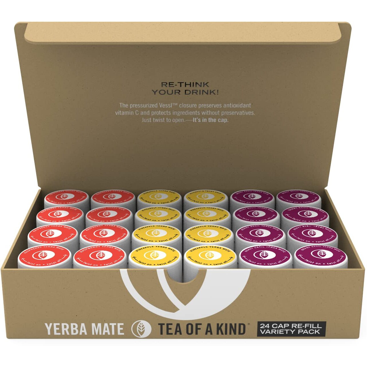 Tea Of A Kind Drink Mix - 24 Caps Variety Pack - For Toak Reusable Bottle (Yerba Mate Variety Pack) Raspberry, Pineapple Coconut, Berry Basil