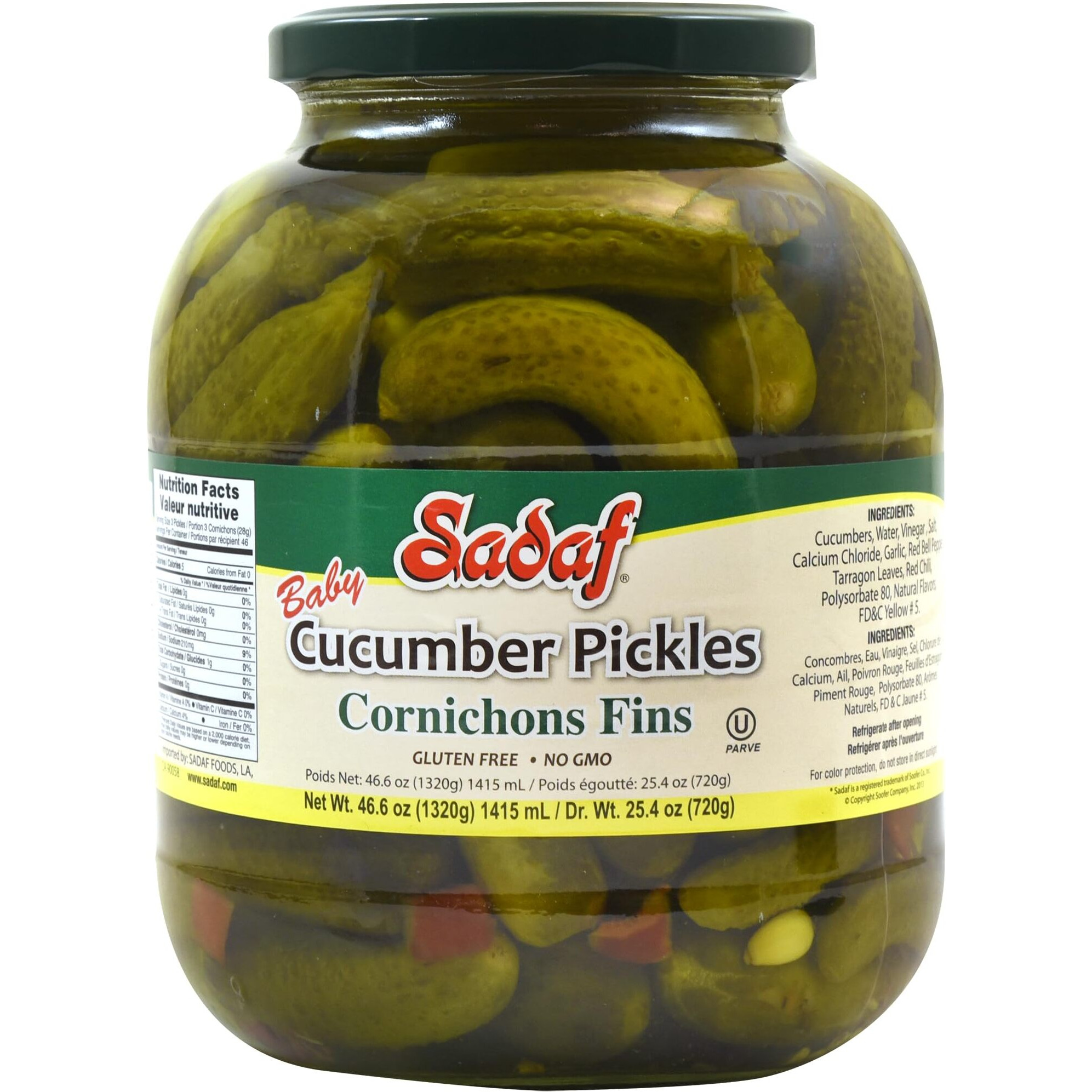 Sadaf Baby Cucumber Pickles - Cornichons Pickles - Mini Cucumbers Pickled - Cucumbers In Brine - Cornichons Fins - Kosher - 46.6 Oz