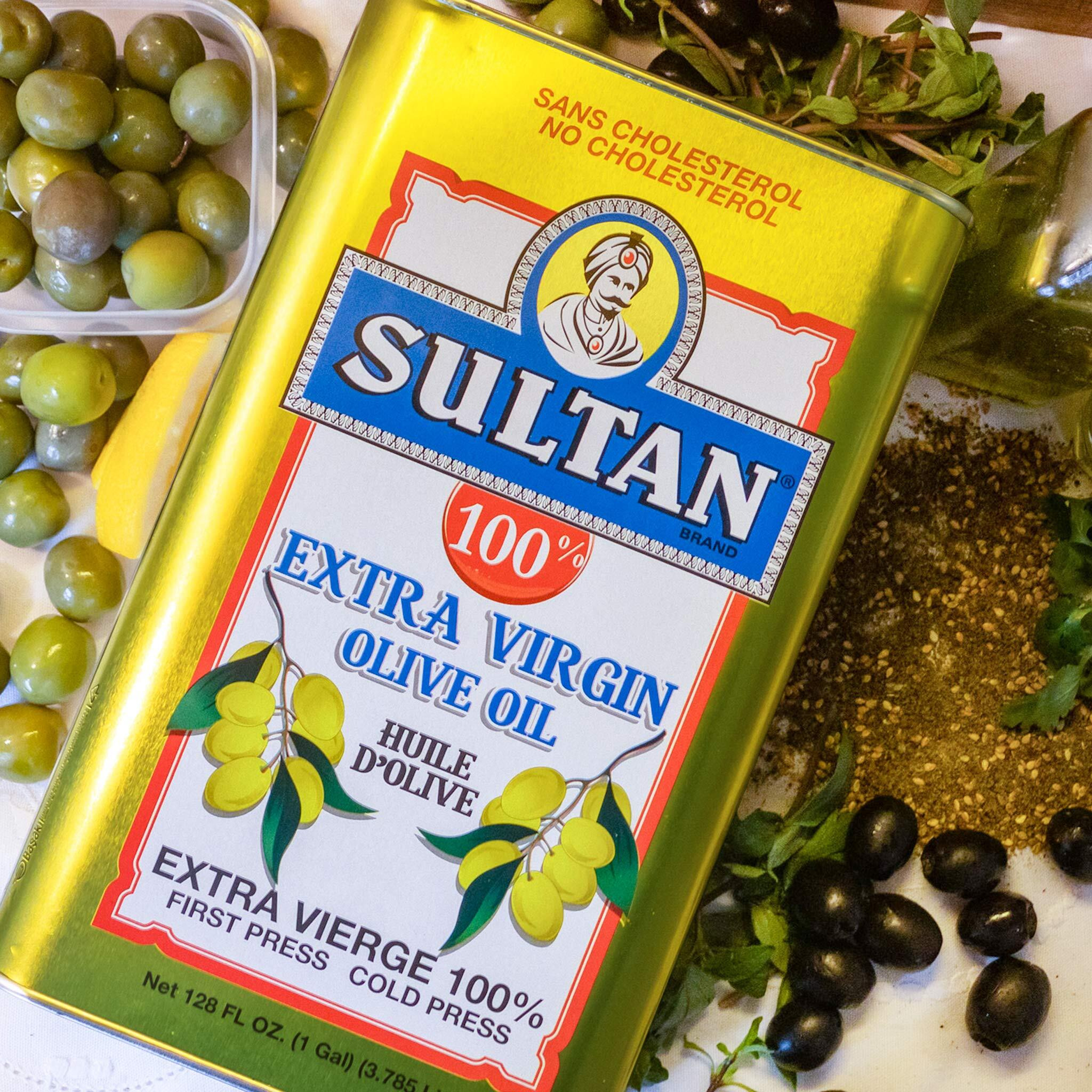 Sultan Extra Virgin Olive Oil, First Press, Cold Press, No Additives, No Preservatives, No Cholesterol, 128 Fl. Oz