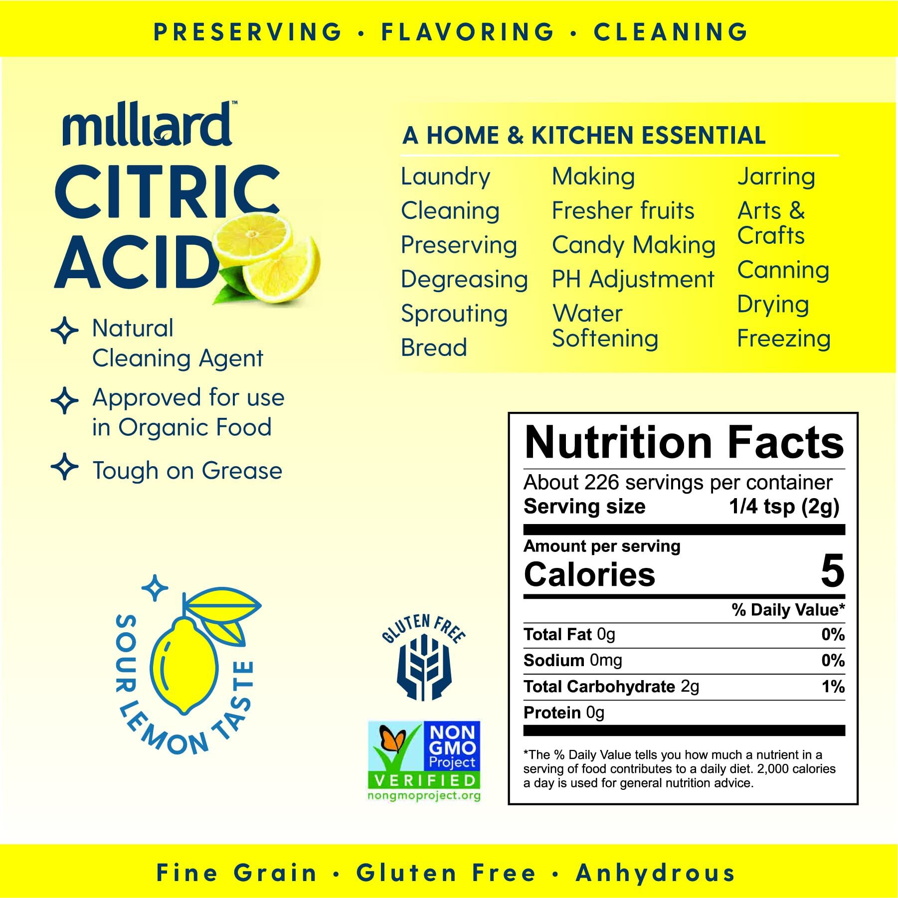 Milliard Citric Acid 2 Pound - 100% Pure Food Grade Non-Gmo Project Verified (2 Pound)