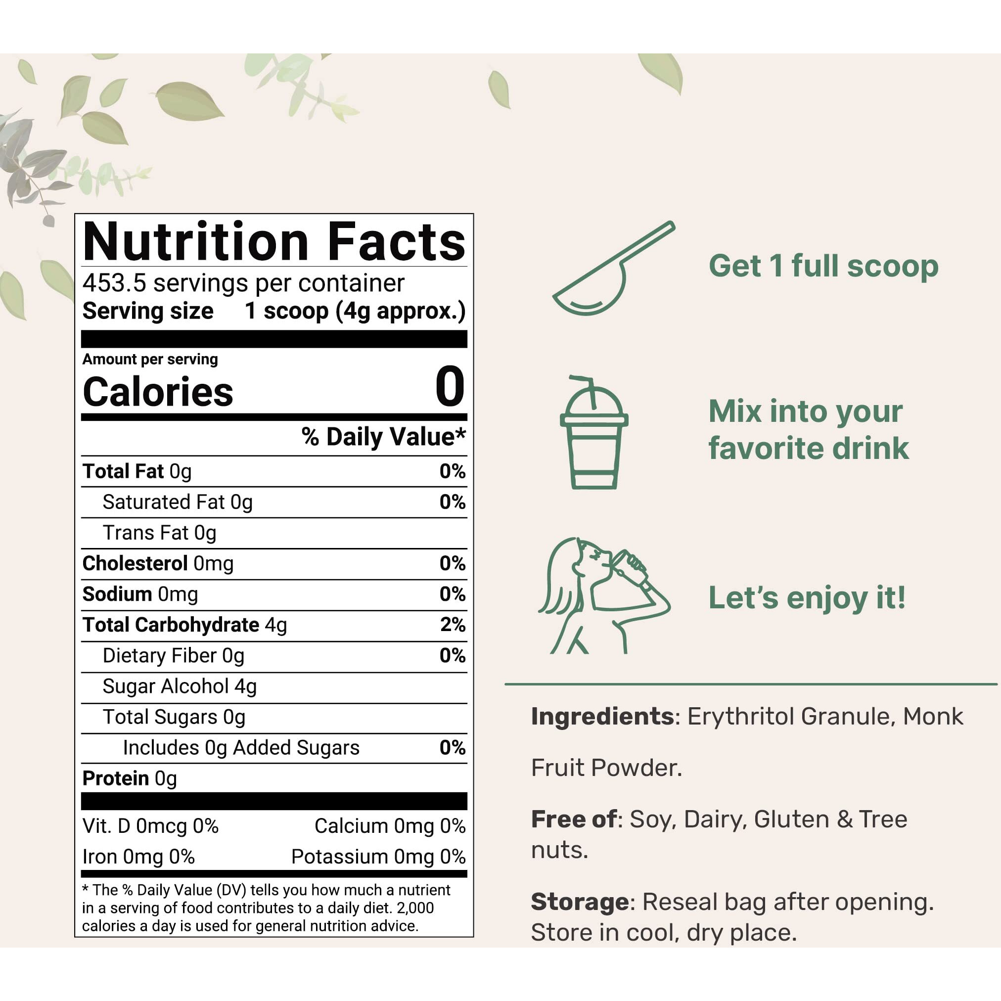 Monk Fruit Sweetener With Erythritol Granules, 4 Pounds, No After Taste, 11 White Sugar Substitute, Keto Diet Friendly, Zero Calorie, Natural Sweetener For Drinks, Coffee, Tea, Cookies, No-Gmo, Vegan