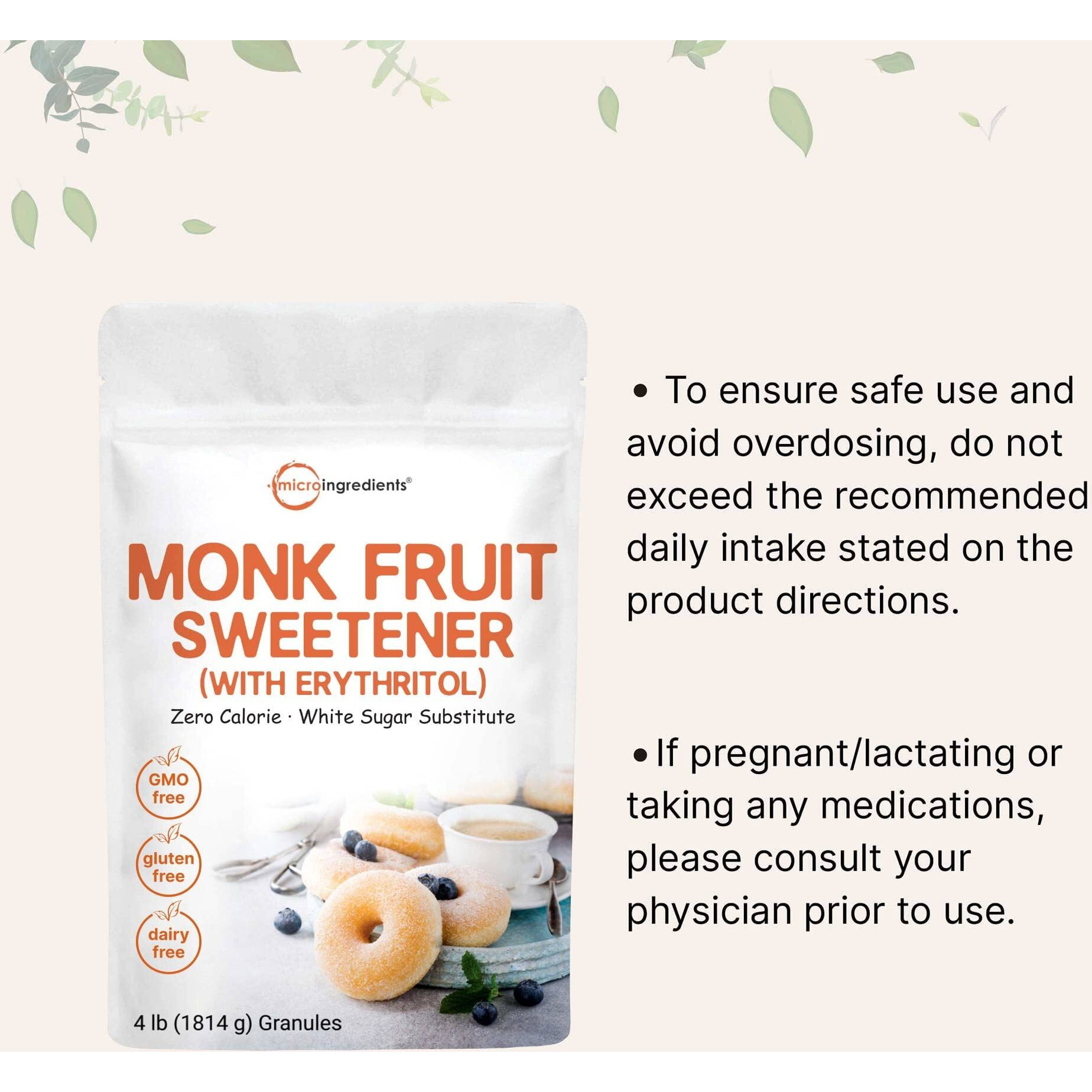 Monk Fruit Sweetener With Erythritol Granules, 4 Pounds, No After Taste, 11 White Sugar Substitute, Keto Diet Friendly, Zero Calorie, Natural Sweetener For Drinks, Coffee, Tea, Cookies, No-Gmo, Vegan