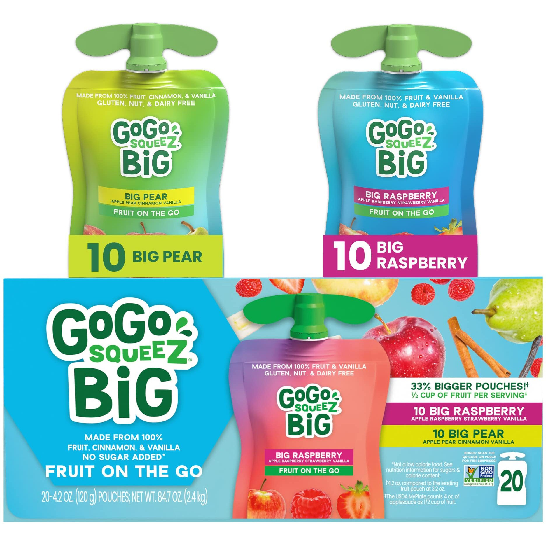 Gogo Squeez Big Variety Pack, Big Pear & Big Raspberry, 4.2 Oz. (Pack Of 20), Unsweetened Fruit Snacks For Kids, Gluten Free, Nut Free And Dairy Free, Recloseable Cap, Bpa Free Pouches