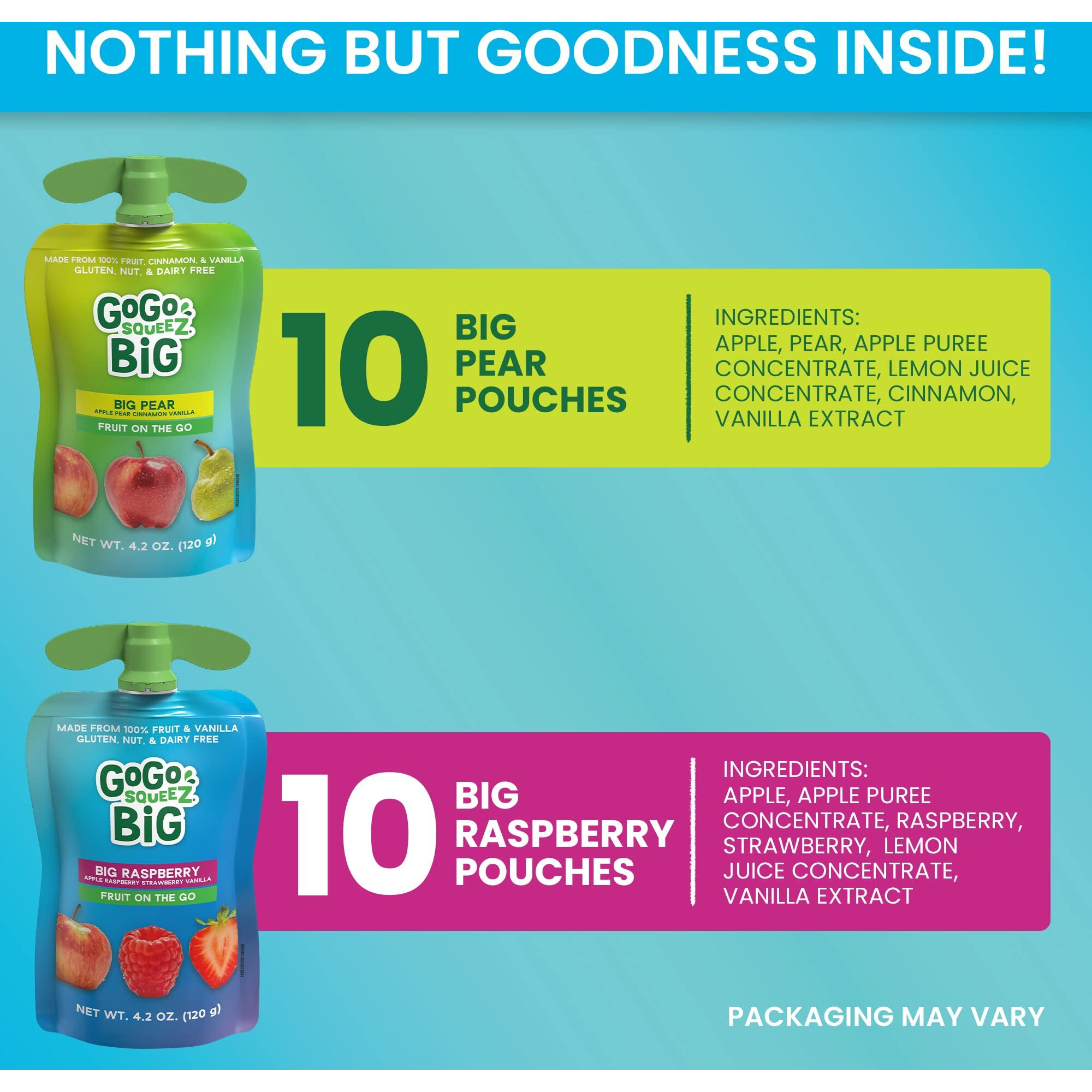 Gogo Squeez Big Variety Pack, Big Pear & Big Raspberry, 4.2 Oz. (Pack Of 20), Unsweetened Fruit Snacks For Kids, Gluten Free, Nut Free And Dairy Free, Recloseable Cap, Bpa Free Pouches