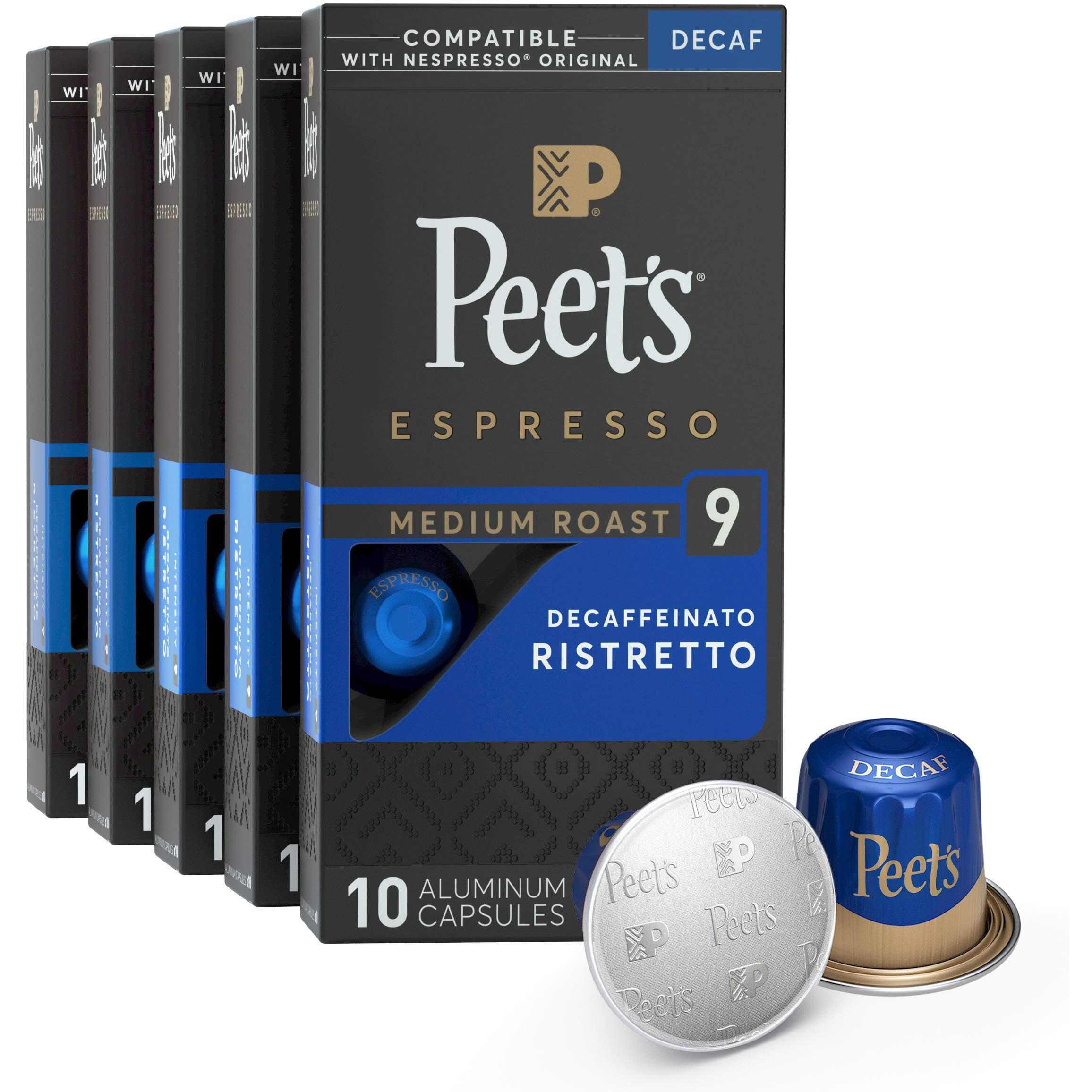 Peet's Coffee, Dark Roast Decaf Espresso Pods, Decaf Ristretto Intensity 9, 50 Count (5 Boxes Of 10 Espresso Capsules)