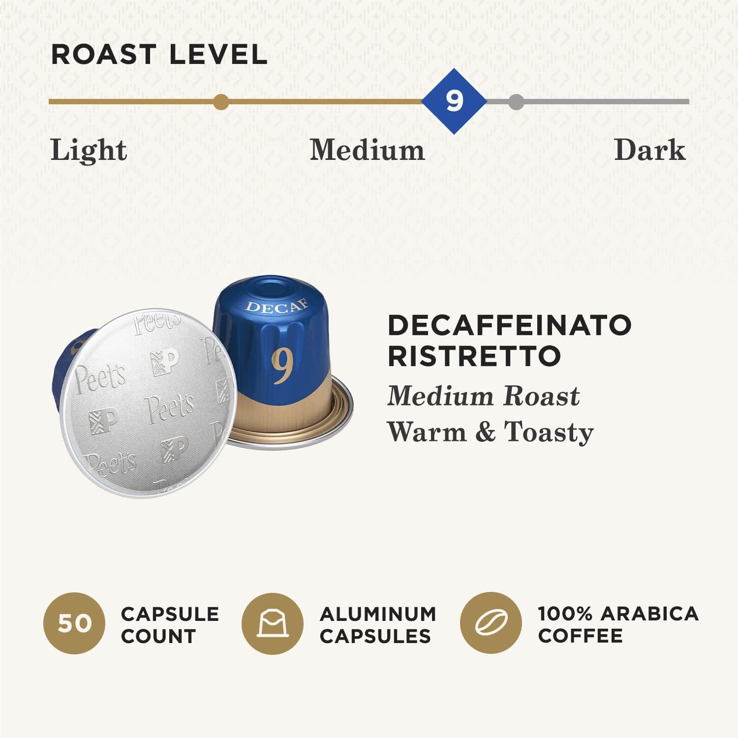 Peet's Coffee, Dark Roast Decaf Espresso Pods, Decaf Ristretto Intensity 9, 50 Count (5 Boxes Of 10 Espresso Capsules)