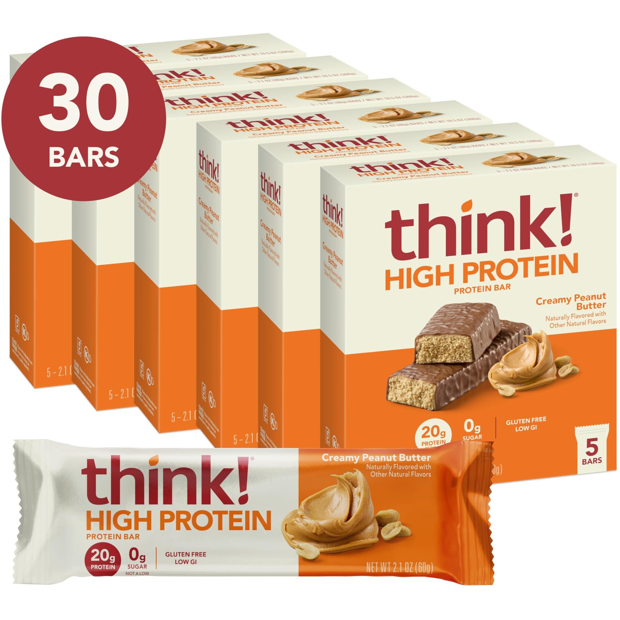 Think Protein Bars, High Protein Snacks, Gluten Free, Kosher Friendly, Creamy Peanut Butter, Nutrition Bars, 2.1 Oz Per Bar, 30 Count (Packaging May Vary)