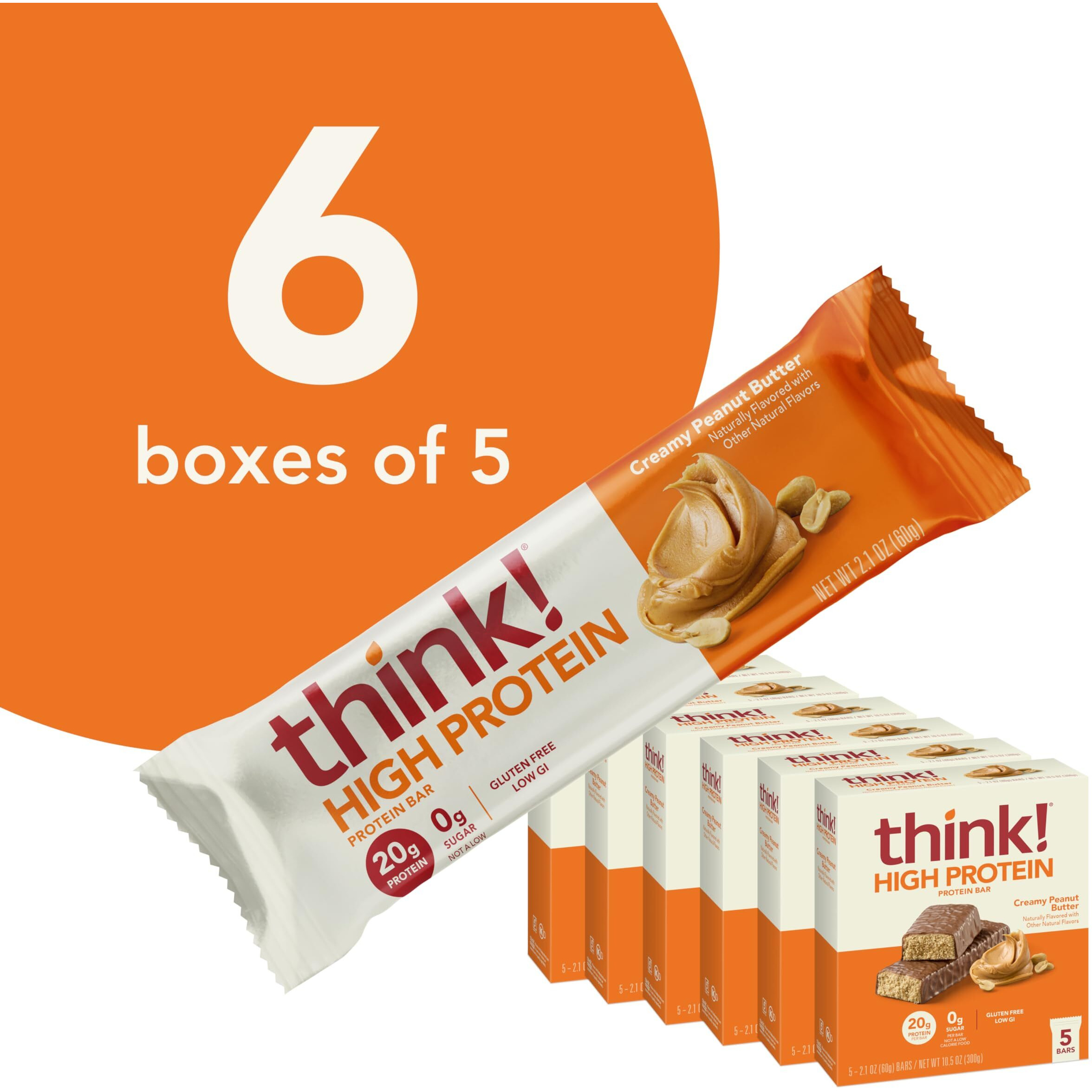 Think Protein Bars, High Protein Snacks, Gluten Free, Kosher Friendly, Creamy Peanut Butter, Nutrition Bars, 2.1 Oz Per Bar, 30 Count (Packaging May Vary)