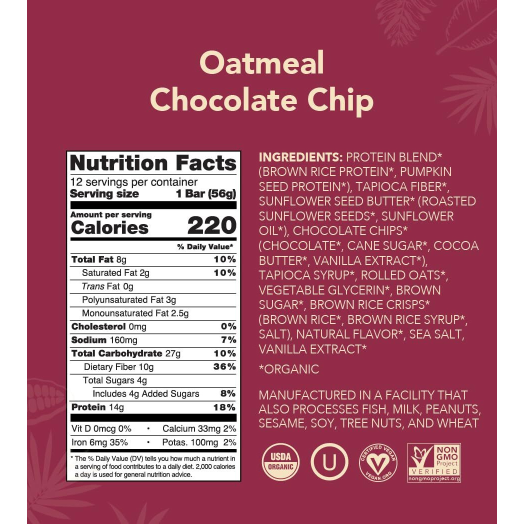 Aloha Organic Plant Based Protein Bars - Oatmeal Chocolate Chip - 12 Count, 1.9Oz Bars - Vegan Snacks, Low Sugar, Gluten-Free, Low Carb, Paleo, Non-Gmo, Stevia-Free, No Sugar Alcohols