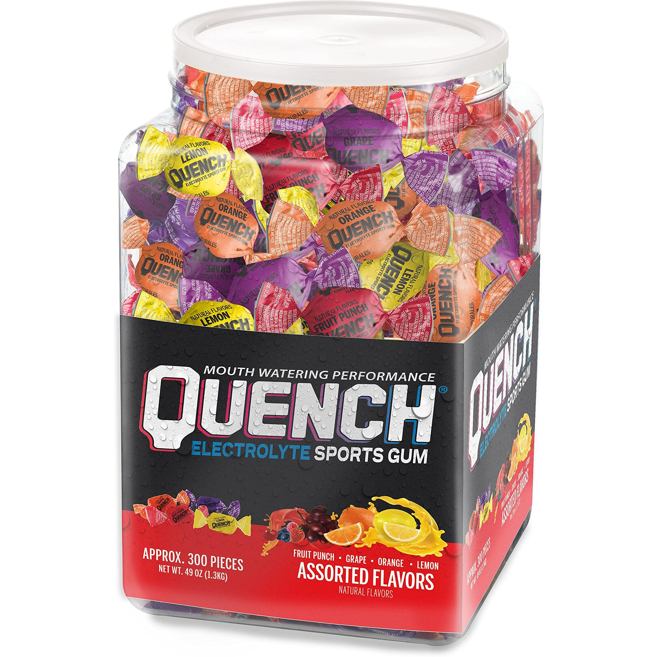 Quench Gum Variety Tub, Electrolytes Chewing Gum For Athletes And Sports Trainers, New Assorted Fruity Flavors, 300 Pieces