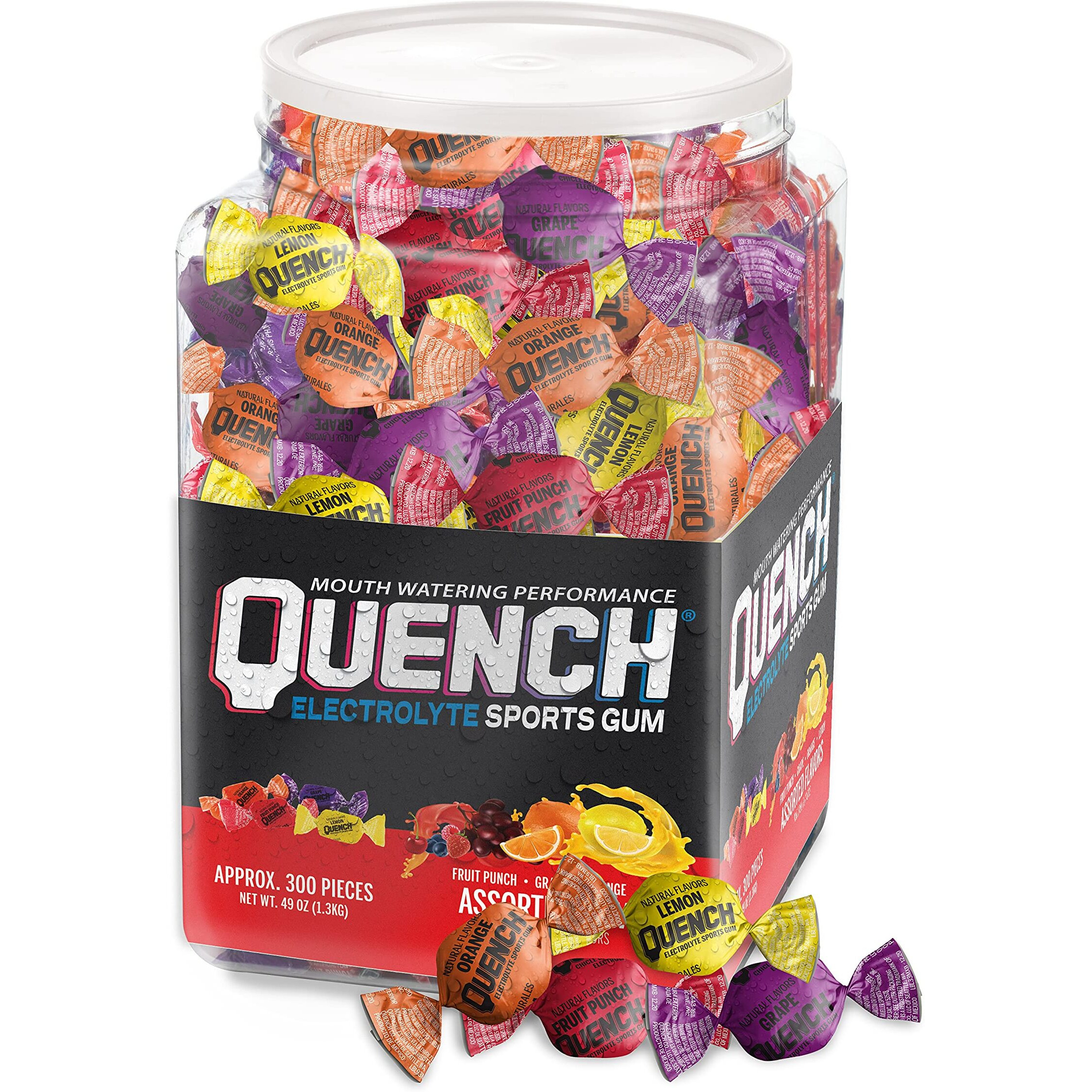 Quench Gum Variety Tub, Electrolytes Chewing Gum For Athletes And Sports Trainers, New Assorted Fruity Flavors, 300 Pieces