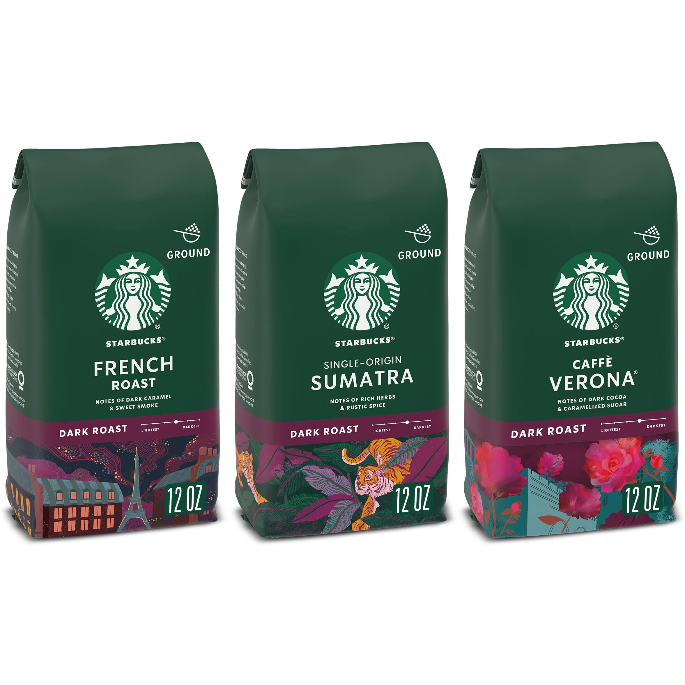 Starbucks Dark Roast Ground Coffee, Variety Pack, 3 Bags (12 Oz Each)