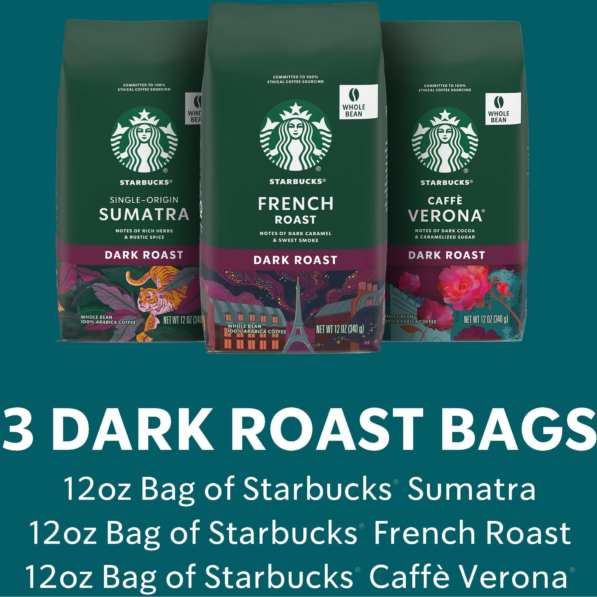 Starbucks Dark Roast Ground Coffee, Variety Pack, 3 Bags (12 Oz Each)