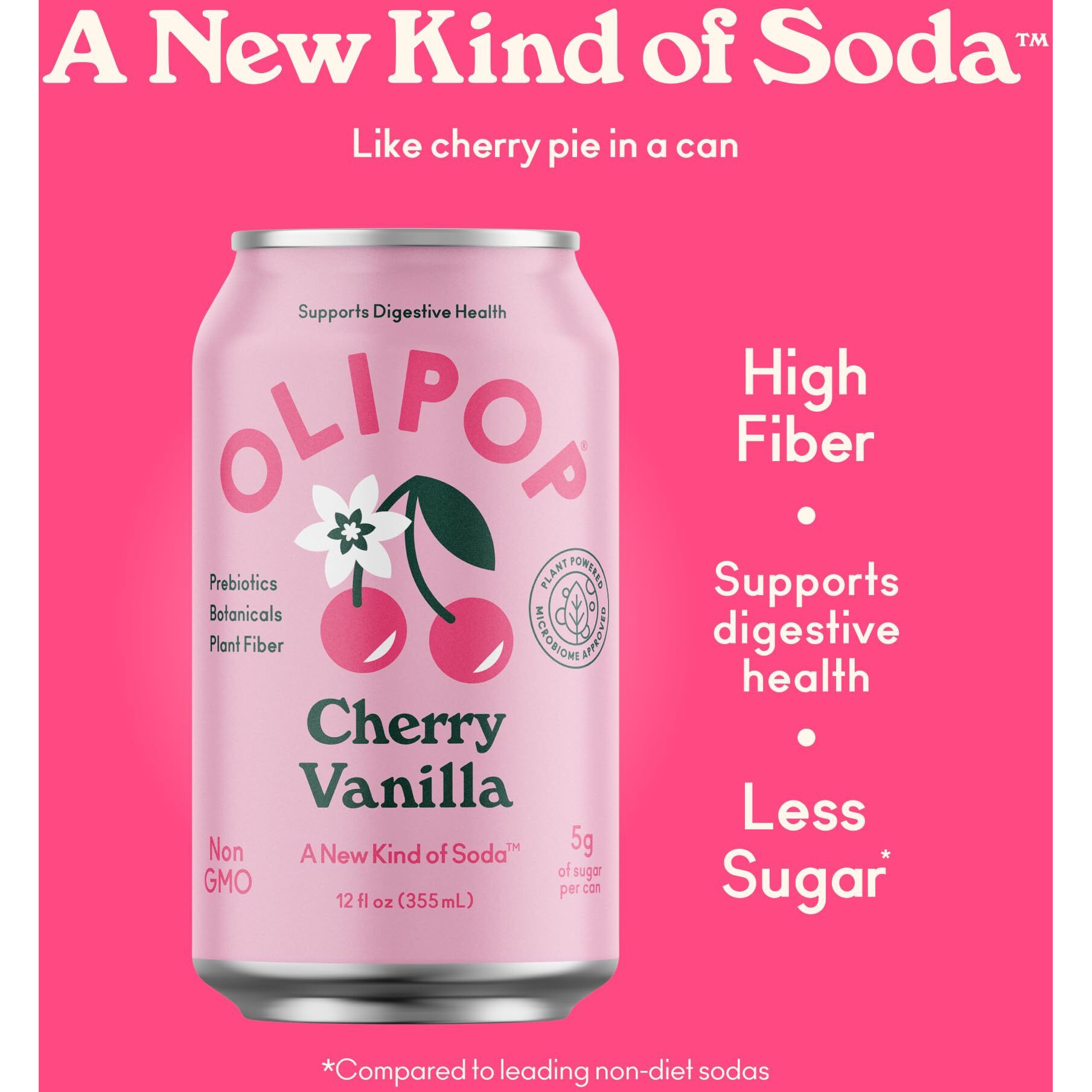 Olipop Prebiotic Soda Pop, Cherry Vanilla, A New Kind Of Soda Packed With Prebiotics, Fiber, And Botanicals, Gluten Free, Vegan, Gmo Free, 12Oz (12-Cans)