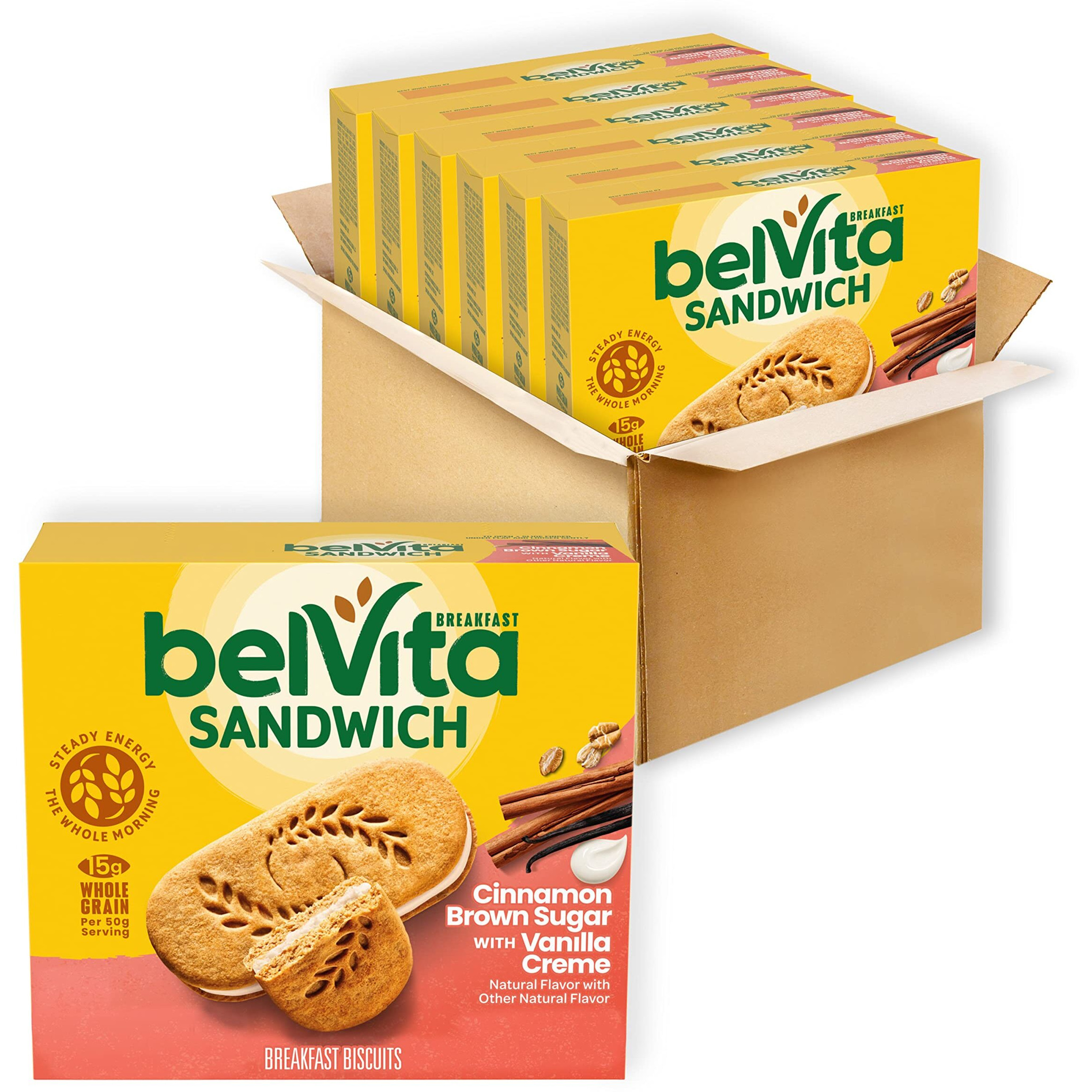 Belvita Breakfast Sandwich Cinnamon Brown Sugar With Vanilla Creme Breakfast Biscuits, 30 Total Packs, 6 Boxes (2 Sandwiches Per Pack)
