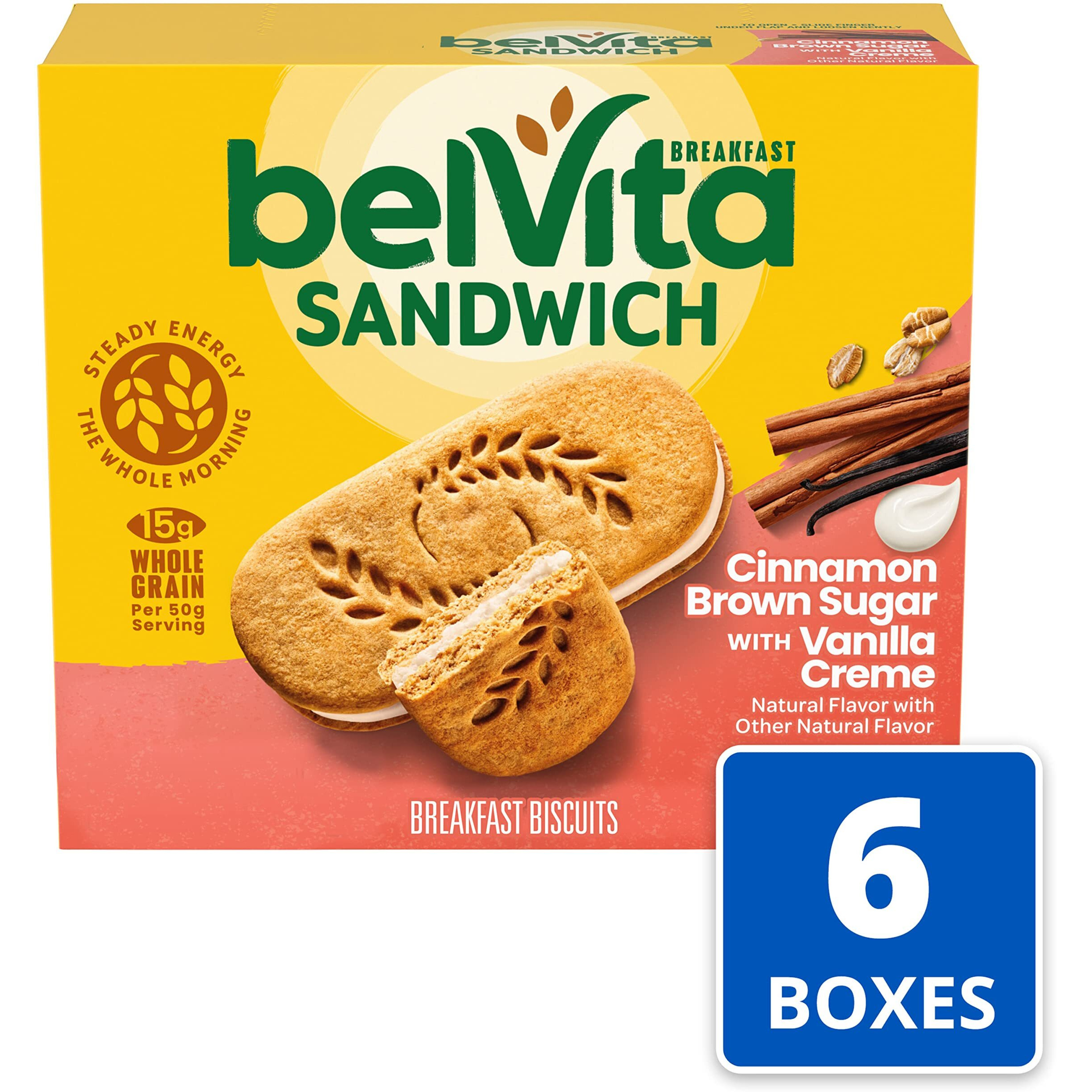 Belvita Breakfast Sandwich Cinnamon Brown Sugar With Vanilla Creme Breakfast Biscuits, 30 Total Packs, 6 Boxes (2 Sandwiches Per Pack)