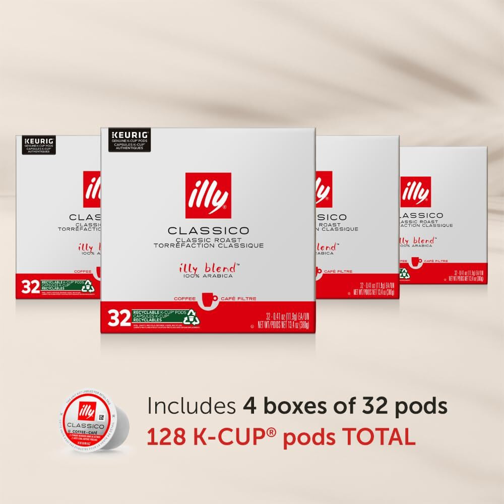 Illy Coffee K Cups - Coffee Pods For Keurig Coffee Maker - Classico Roast - Caramel, Orange Blossom & Jasmine - Mild, Flavorful & Balanced Flavor Pods Of Coffee - No Preservatives - 32 Count, 4 Pack