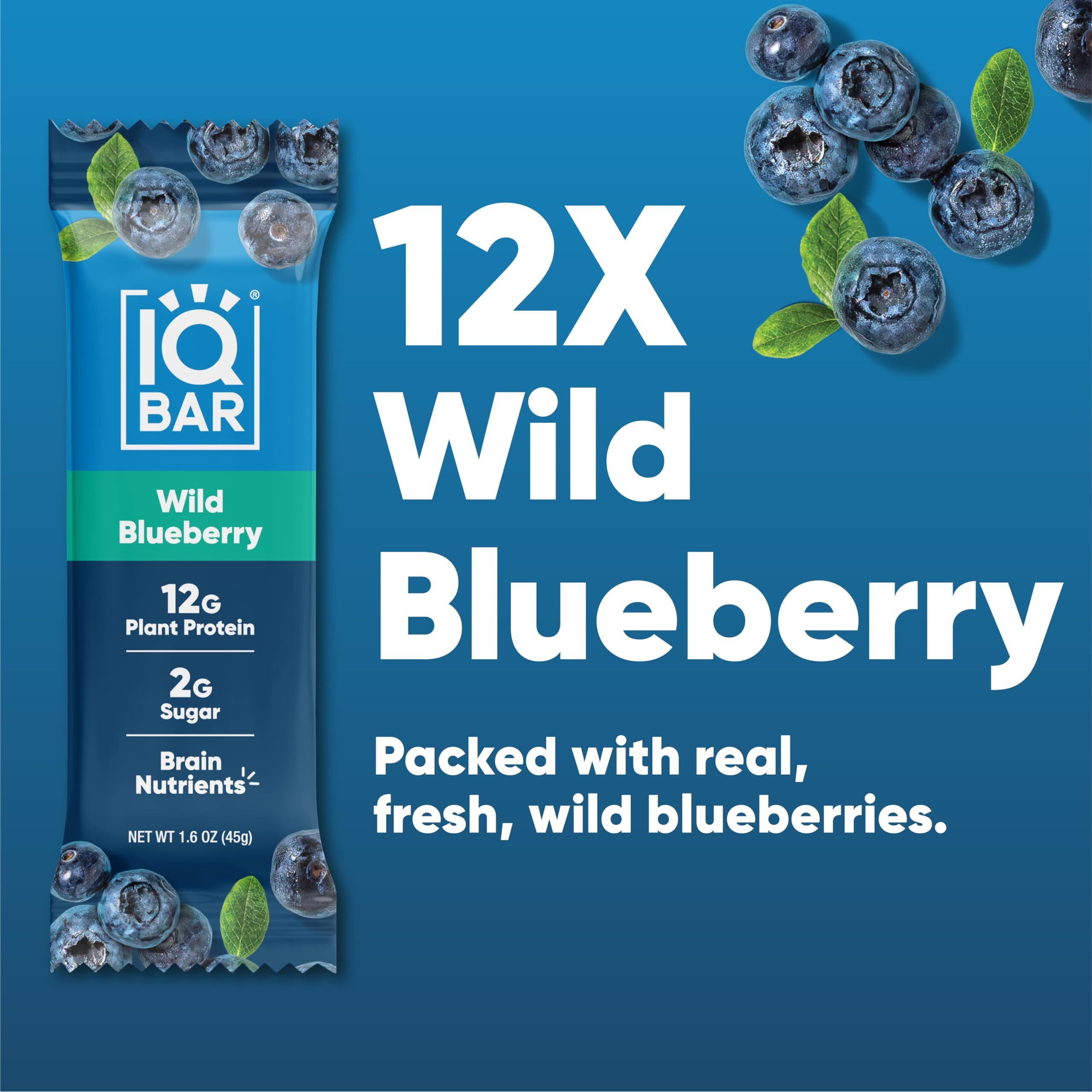 Iqbar Brain And Body Plant Protein Bars - Wild Blueberry - 12 Count, Low Carb, High Fiber, Gluten Free, Healthy Vegan Snacks - Low Sugar Keto Bar Pack