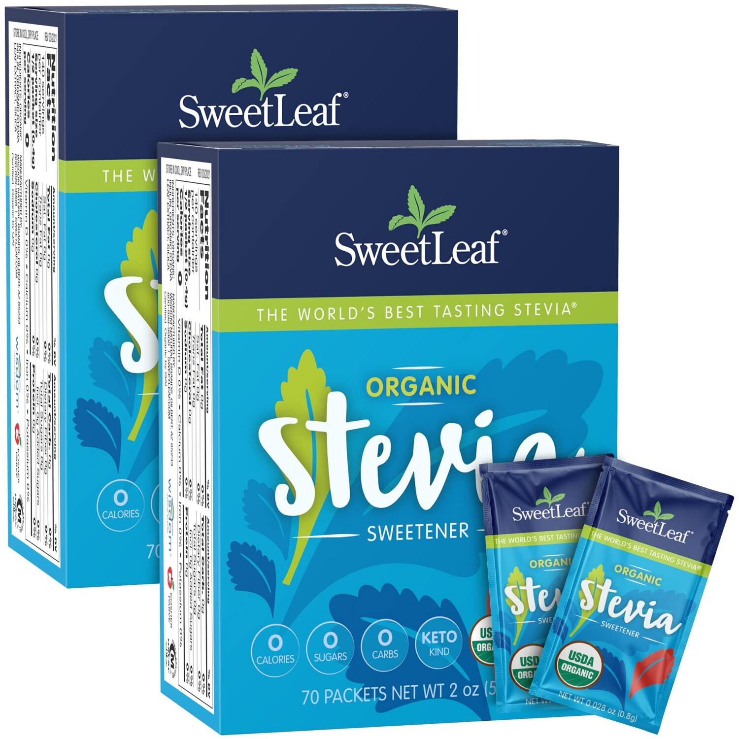 Sweetleaf Organic Stevia Packets - Zero Calorie Stevia Powder, No Bitter Aftertaste, Sugar Substitute For Keto Coffee, Nothing Artificial, Non-Gmo Stevia Sweetener Packets, 70 Count (Pack Of 2)