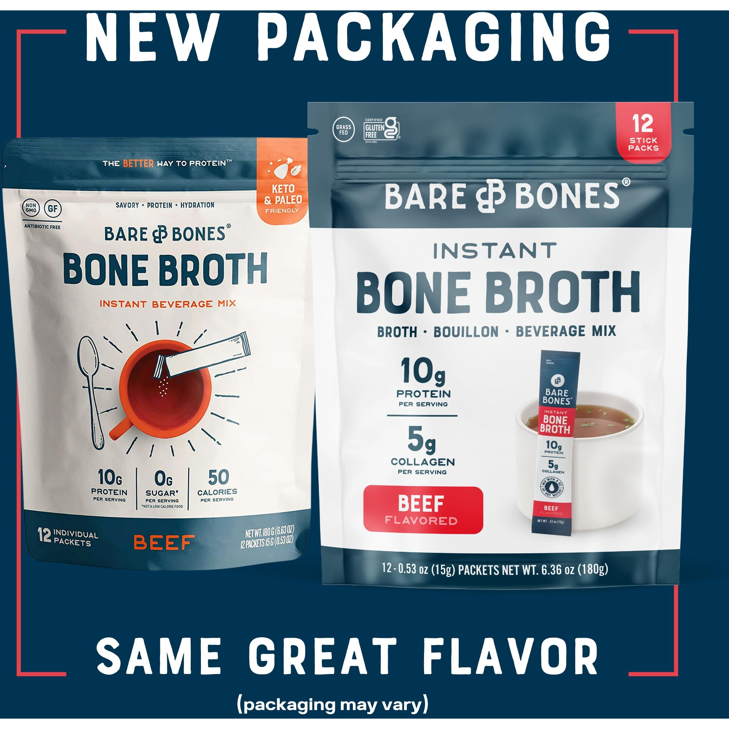 Bare Bones Beef Bone Broth Instant Powdered Mix | Rich Savory Packets On-The-Go No Artificial Flavors | 100% Grass Fed Keto & Paleo Friendly | 10G Protein | 12 Pack