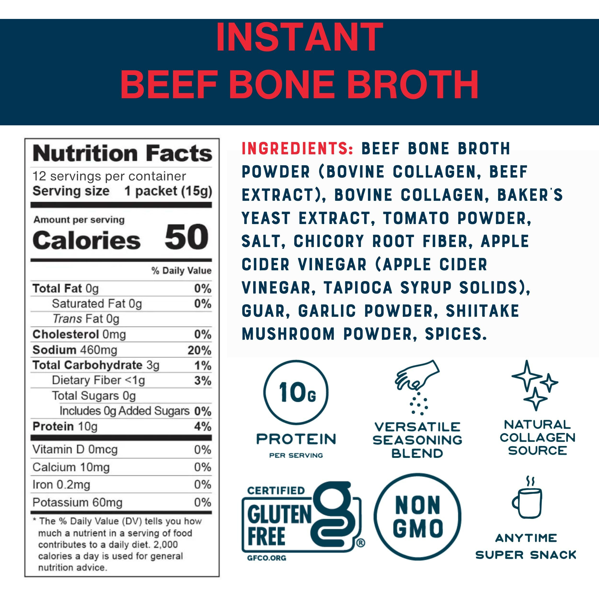 Bare Bones Beef Bone Broth Instant Powdered Mix | Rich Savory Packets On-The-Go No Artificial Flavors | 100% Grass Fed Keto & Paleo Friendly | 10G Protein | 12 Pack
