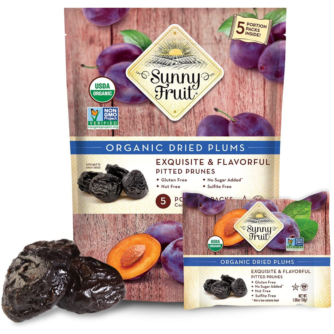 Sunny Fruit Soft Organic Prunes - 1 Bag (5 Individual Portion Packs) | Healthy, Convenient Dried Plums Snack Packs | Organic, Non-Gmo, Vegan, Halal, Kosher, No Preservatives, No Sugar Added