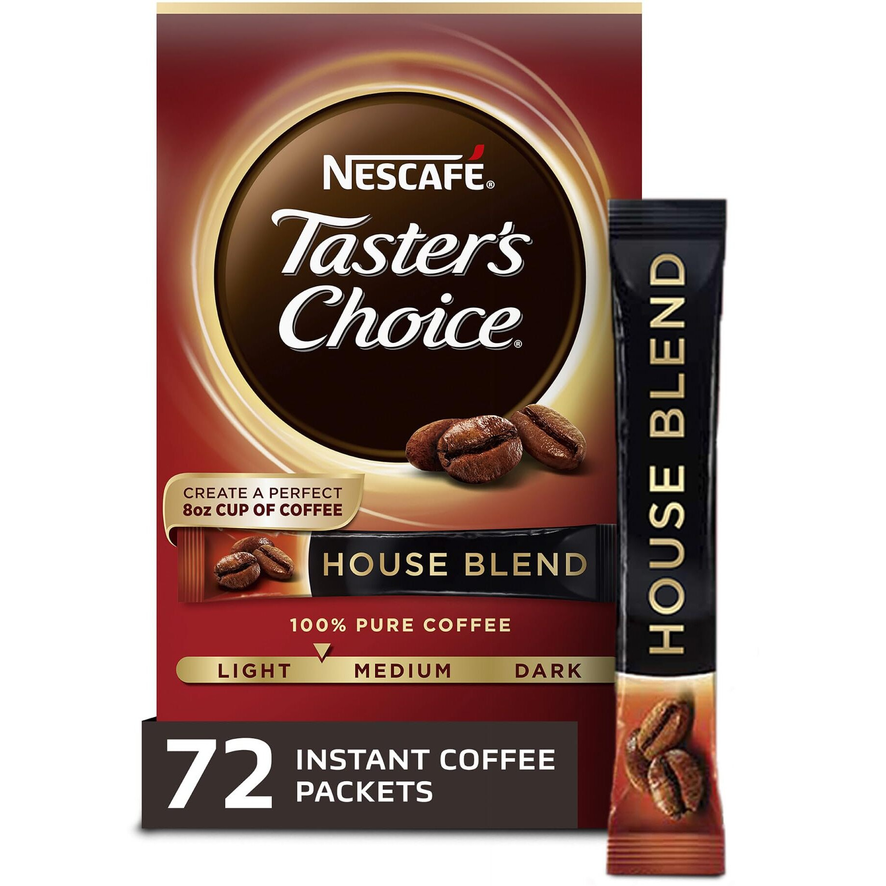 Nescafe Taster's Choice, House Blend Light Medium Roast Instant Coffee, 12 Boxes (72 Packets)