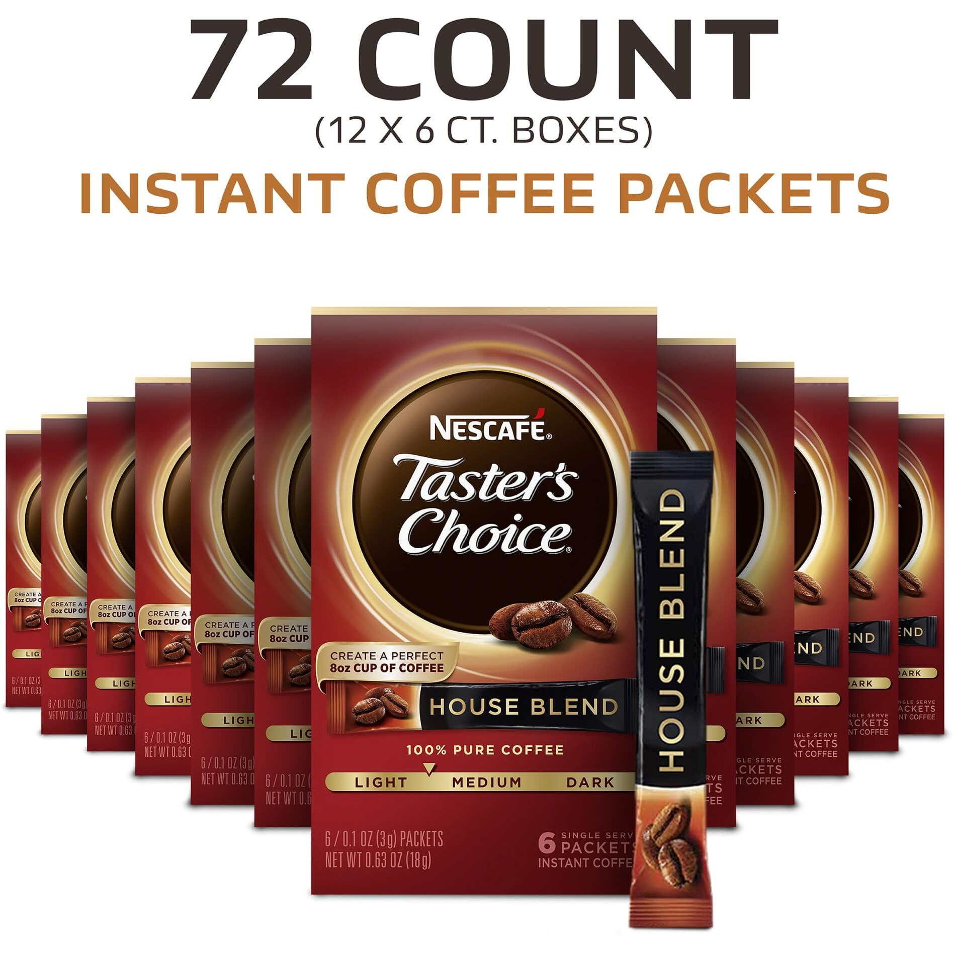 Nescafe Taster's Choice, House Blend Light Medium Roast Instant Coffee, 12 Boxes (72 Packets)